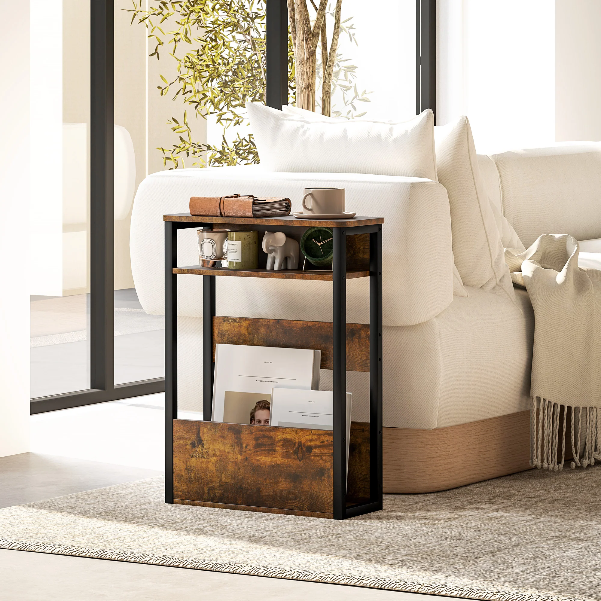 HOMCOM Narrow Side Table with Storage, Bedside End Table, Rustic Brown - Image 2