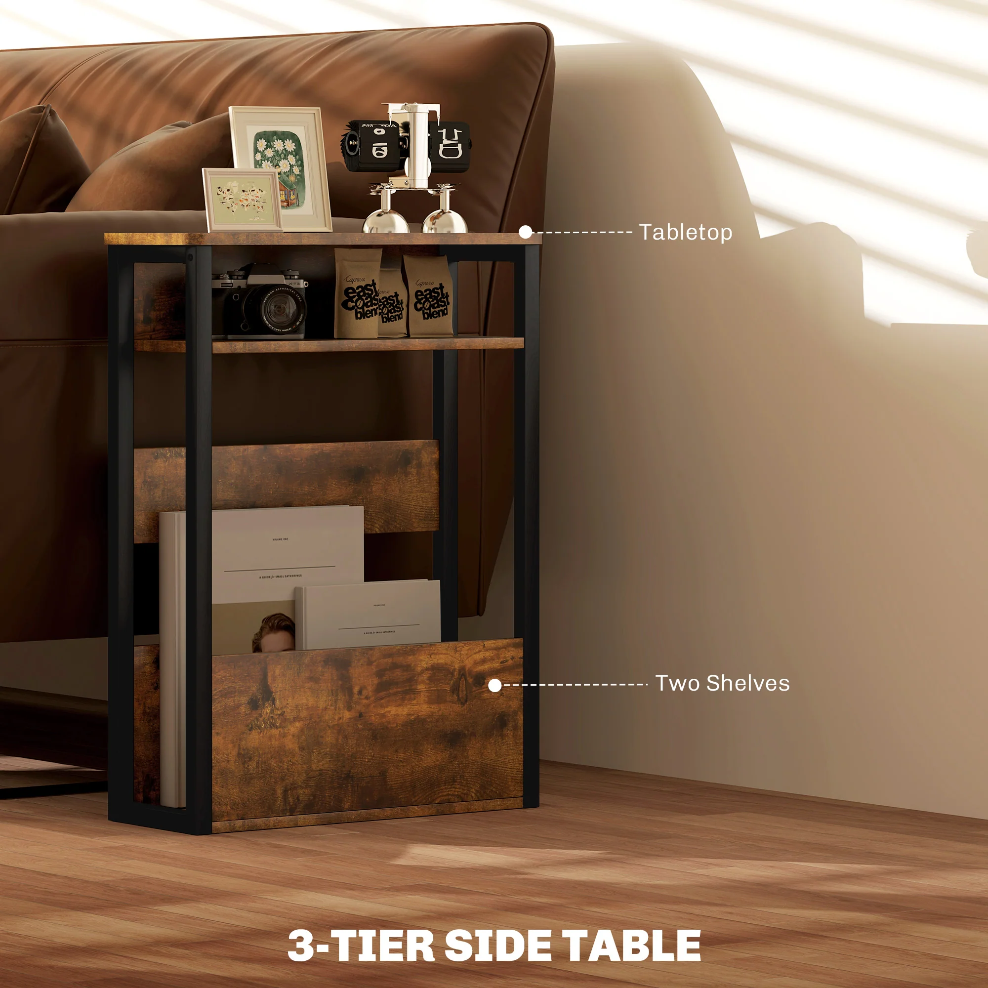 HOMCOM Narrow Side Table with Storage, Bedside End Table, Rustic Brown - Image 3