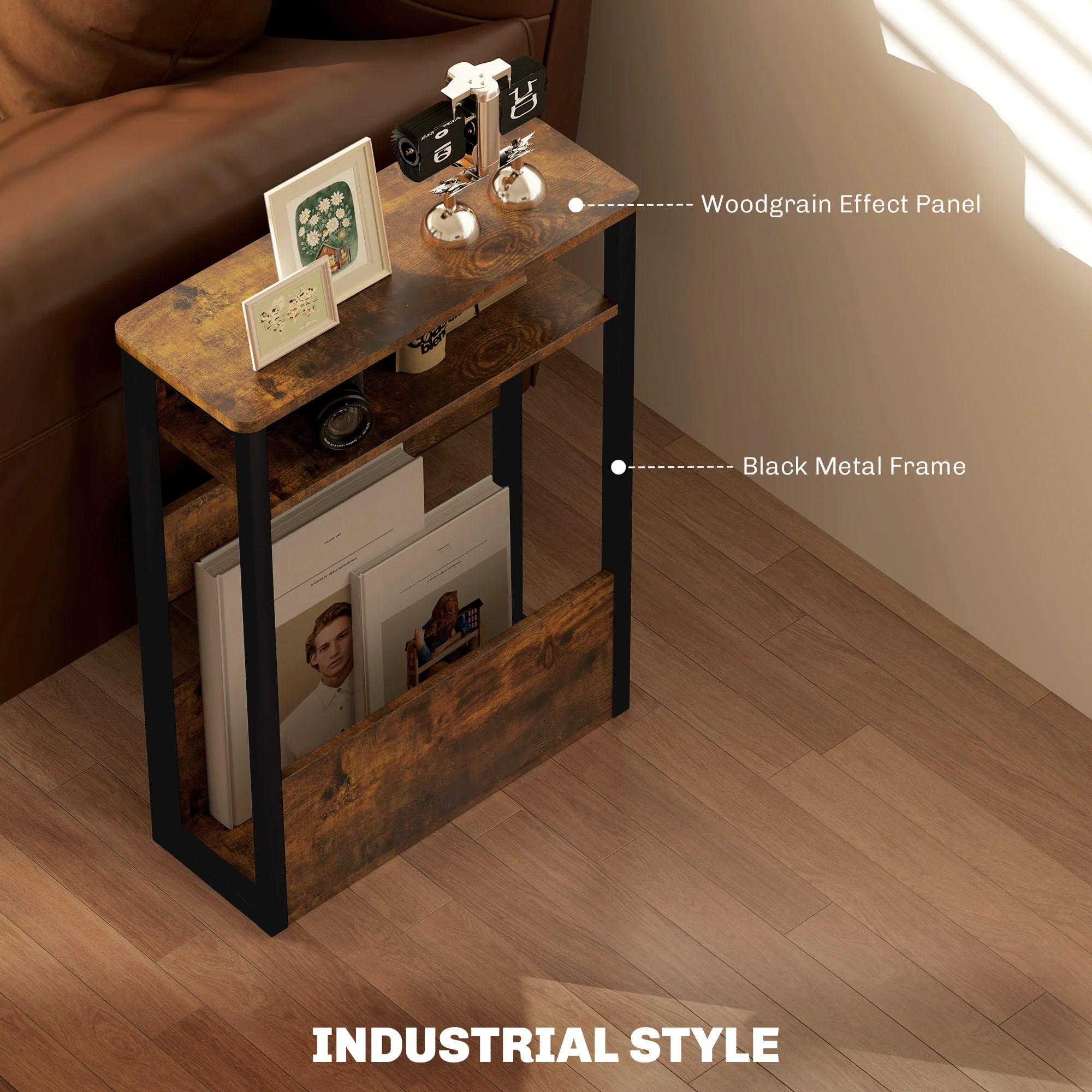 HOMCOM Narrow Side Table with Storage, Bedside End Table, Rustic Brown - Image 7