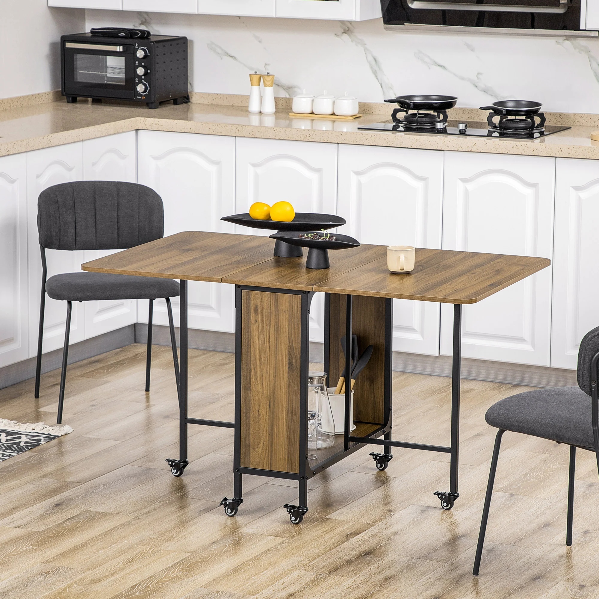 HOMCOM Natural Mobile Drop Leaf Dining Table On Wheels With Storage Shelf - Image 11