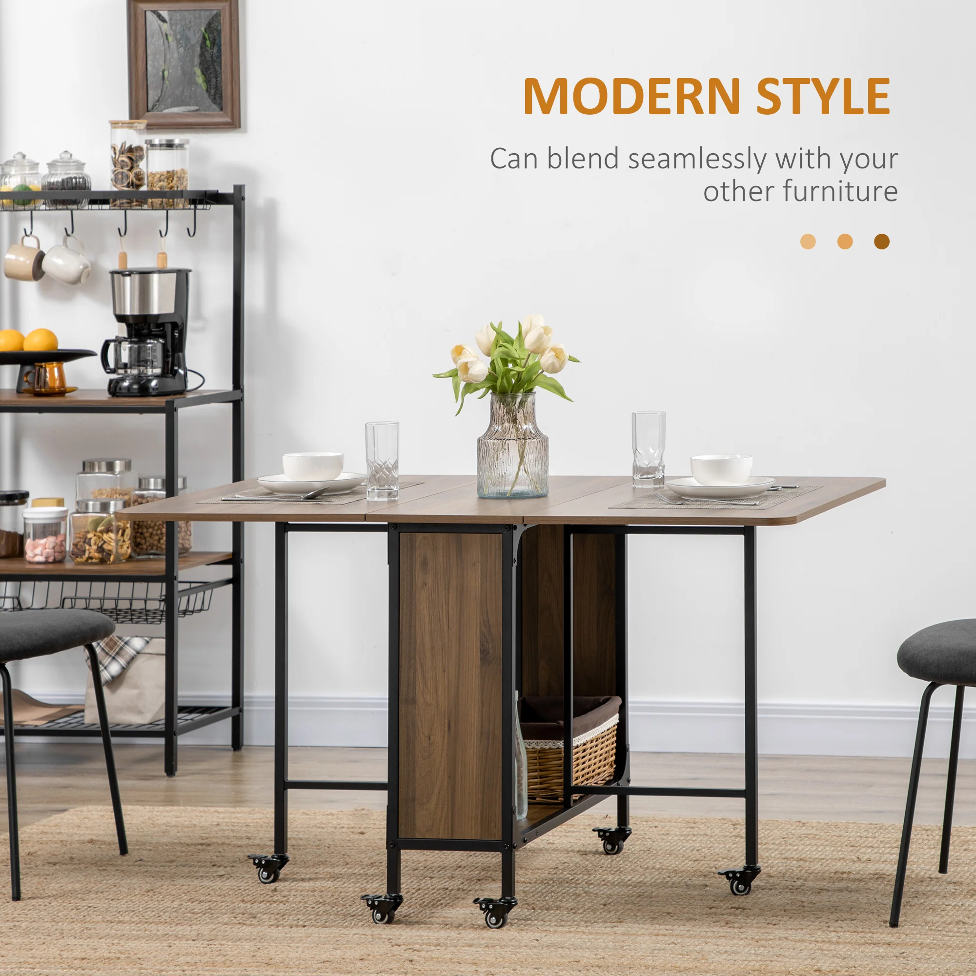 HOMCOM Natural Mobile Drop Leaf Dining Table On Wheels With Storage Shelf - Image 12