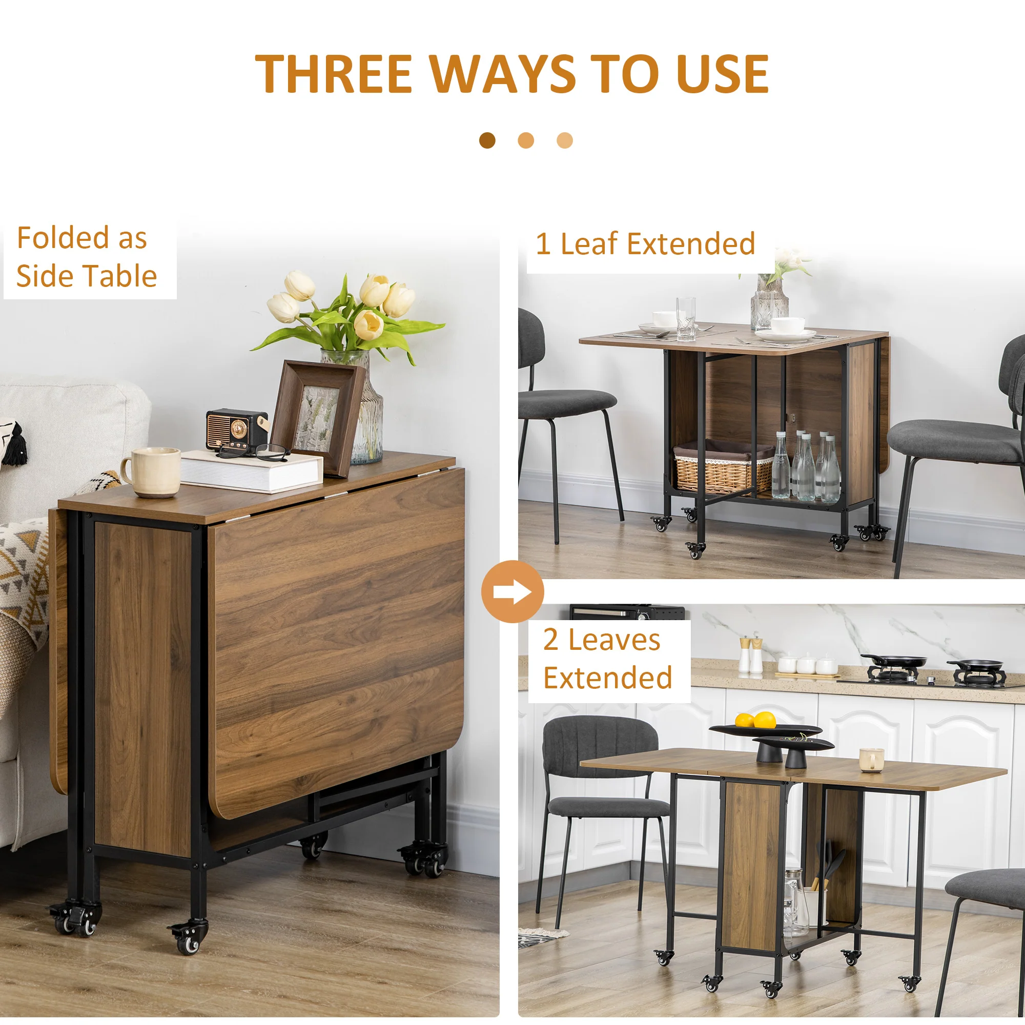 HOMCOM Natural Mobile Drop Leaf Dining Table On Wheels With Storage Shelf - Image 13