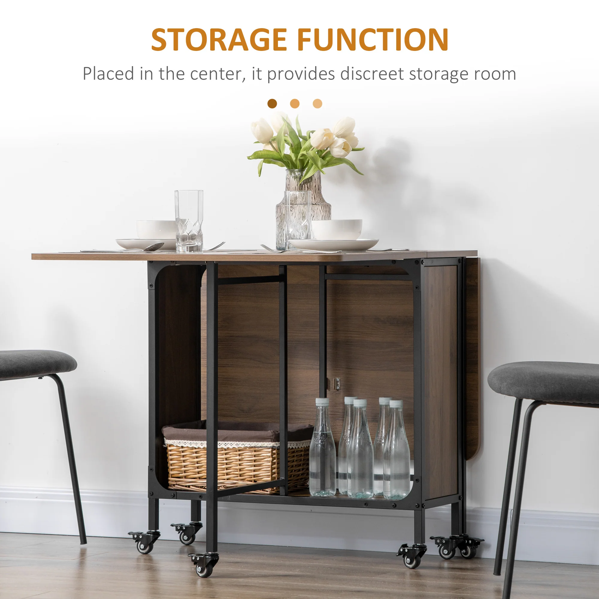 HOMCOM Natural Mobile Drop Leaf Dining Table On Wheels With Storage Shelf - Image 15