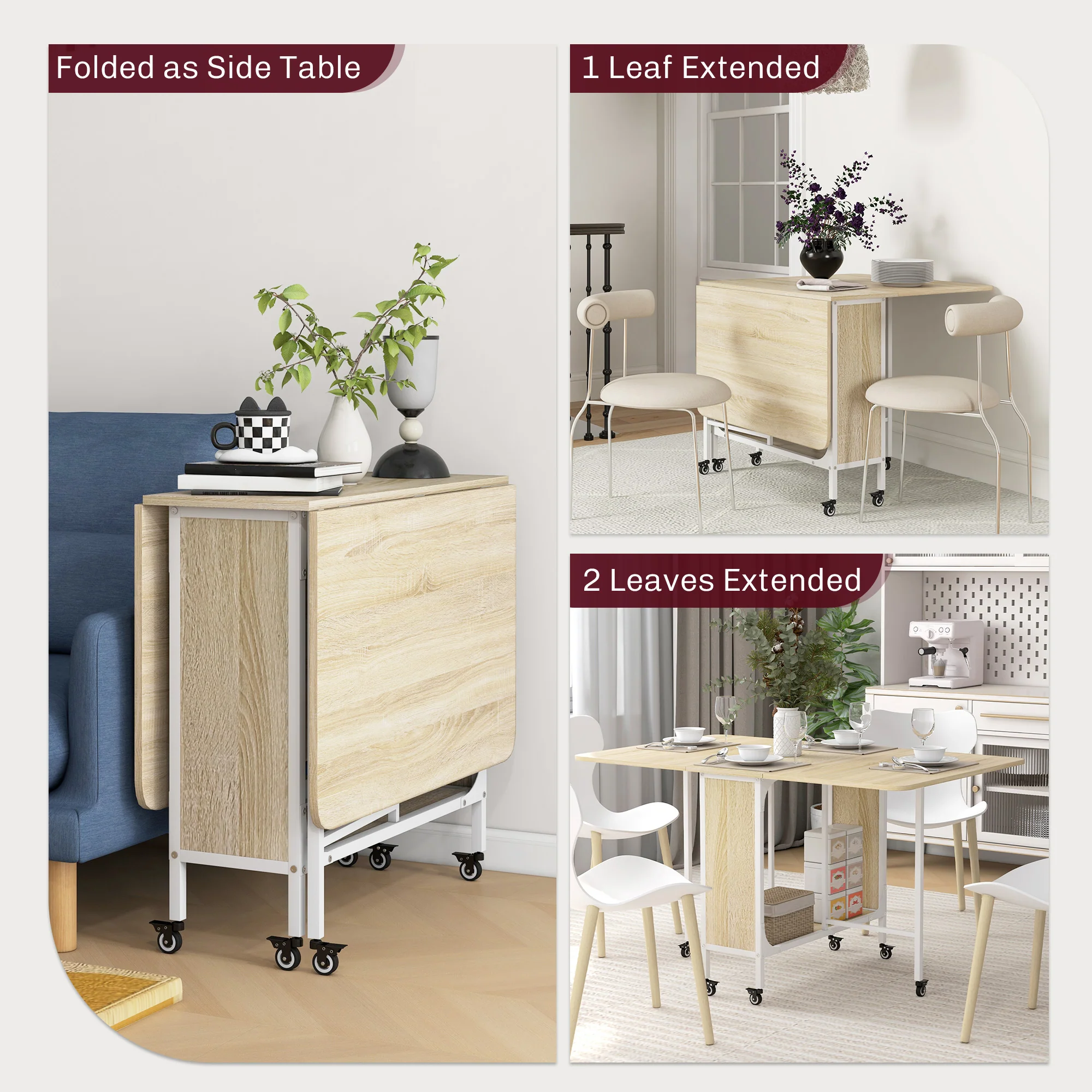 HOMCOM Natural Mobile Drop Leaf Dining Table On Wheels With Storage Shelf - Image 3