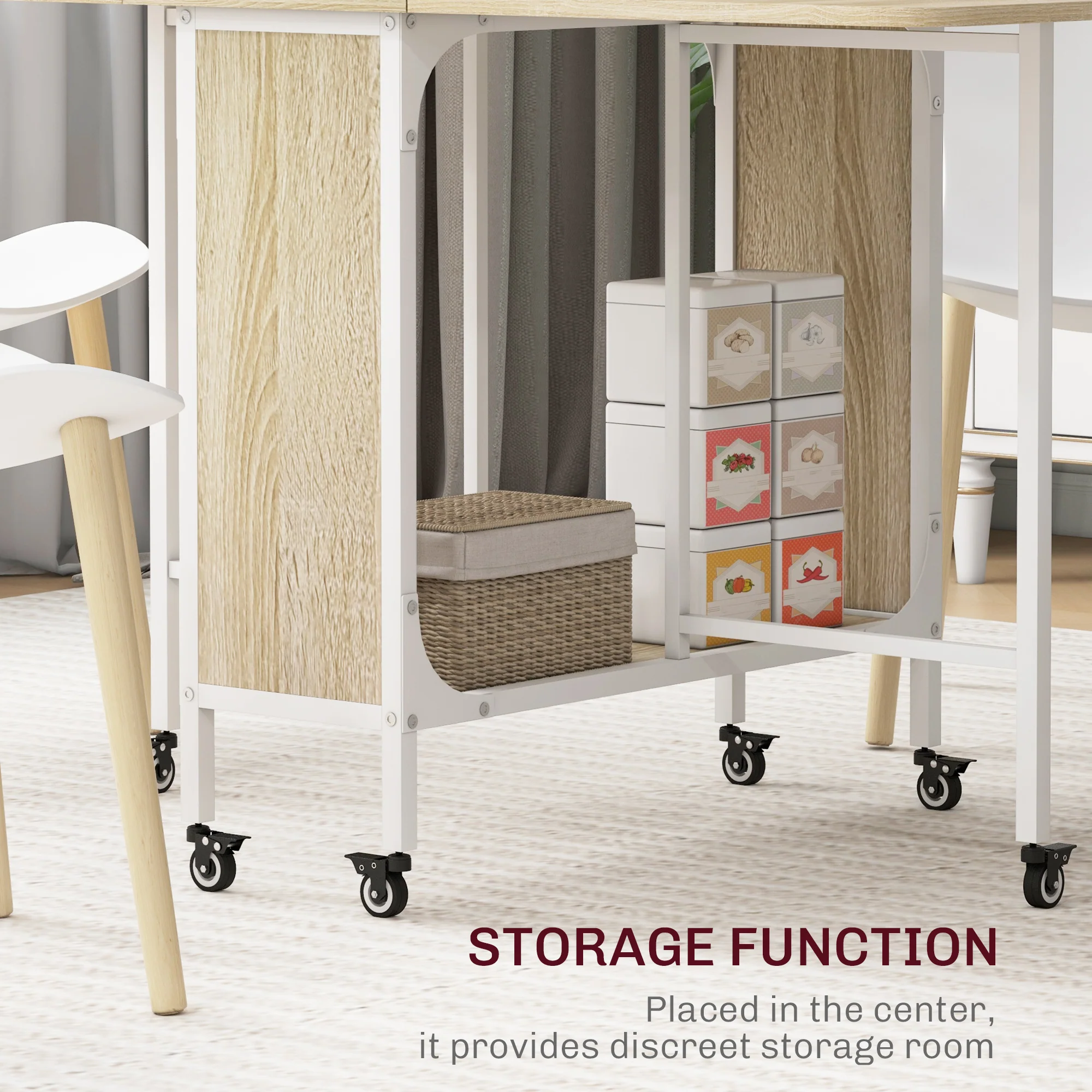 HOMCOM Natural Mobile Drop Leaf Dining Table On Wheels With Storage Shelf - Image 4