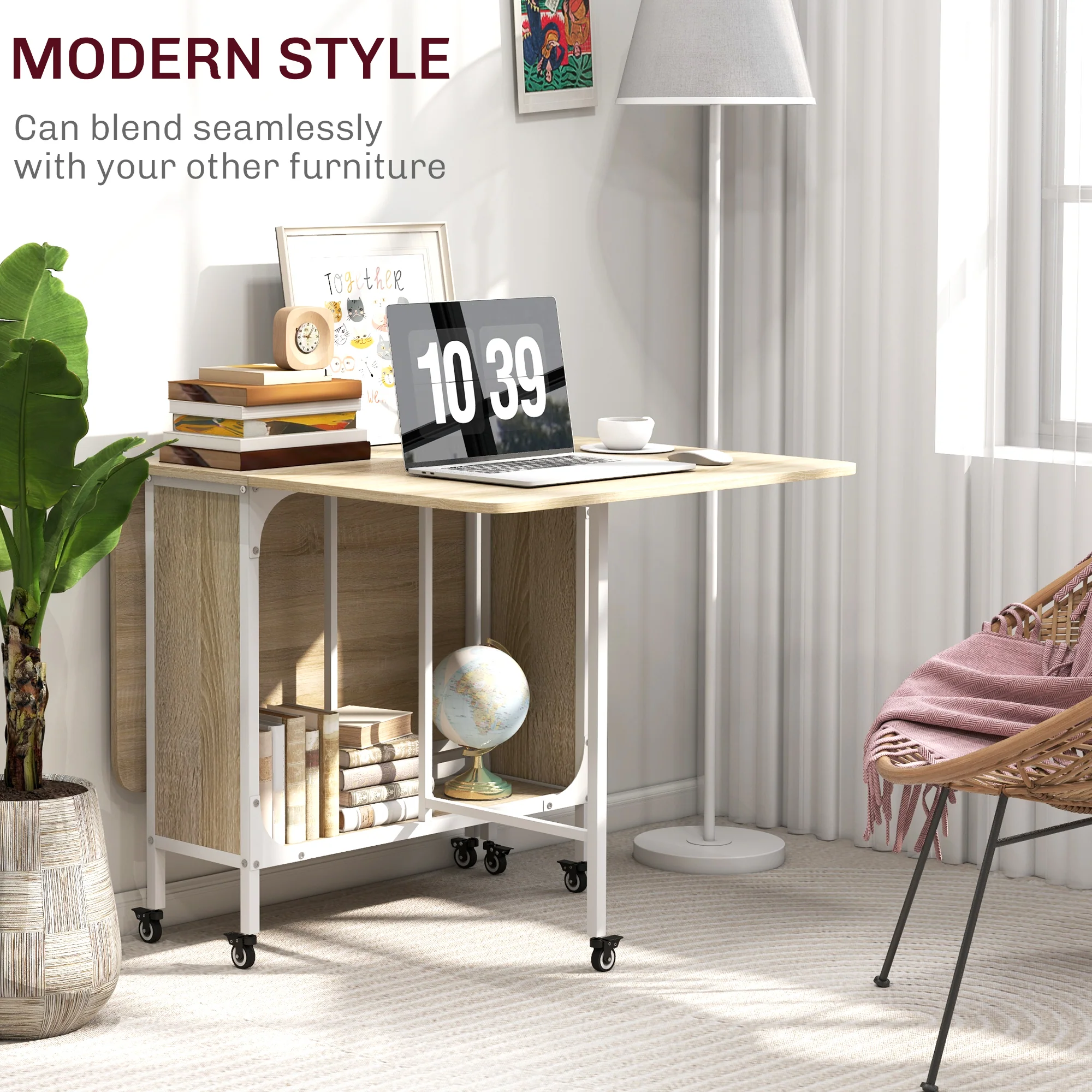 HOMCOM Natural Mobile Drop Leaf Dining Table On Wheels With Storage Shelf - Image 7