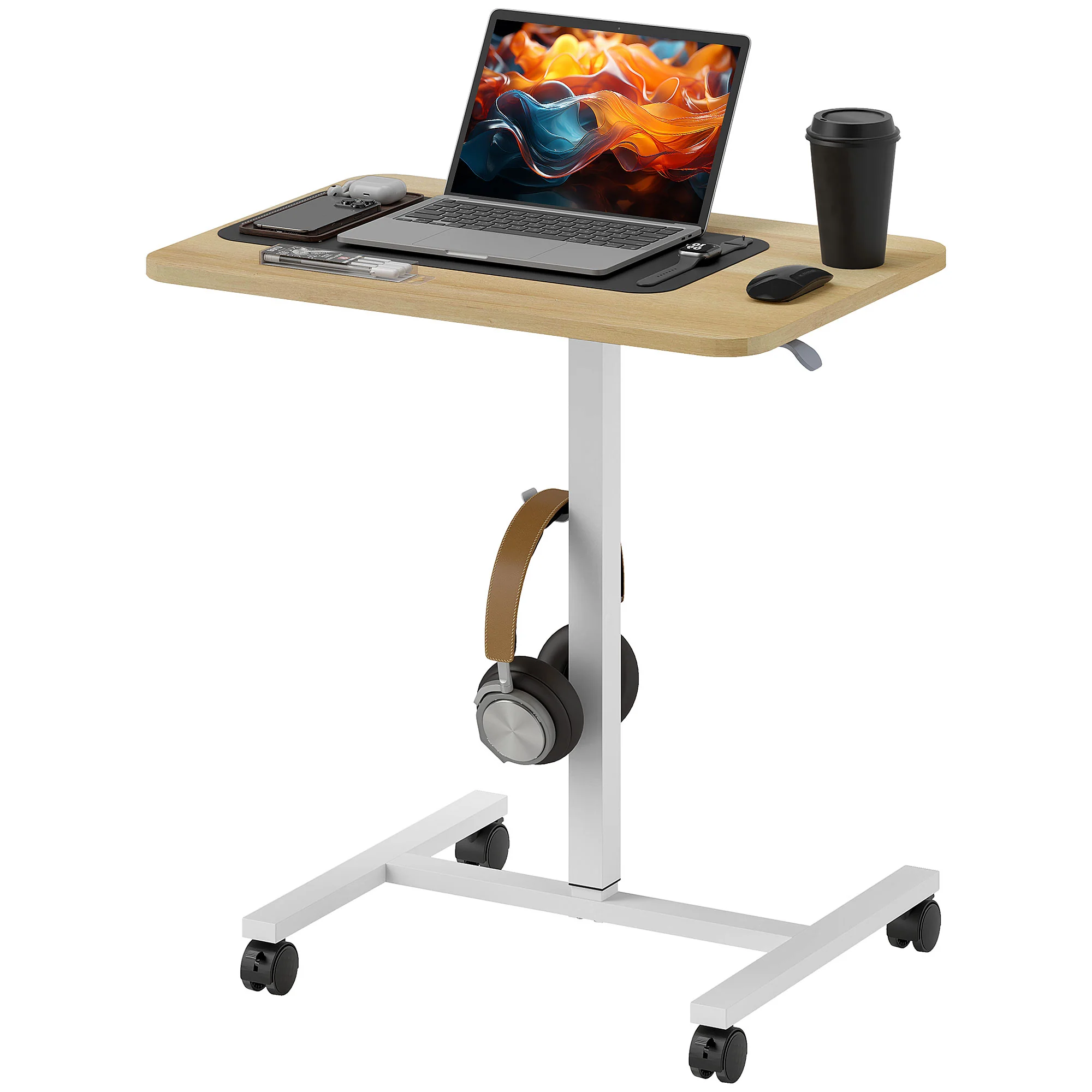 HOMCOM Natural Standing Desk Mobile Overbed Table W/ Wheels For Home Office