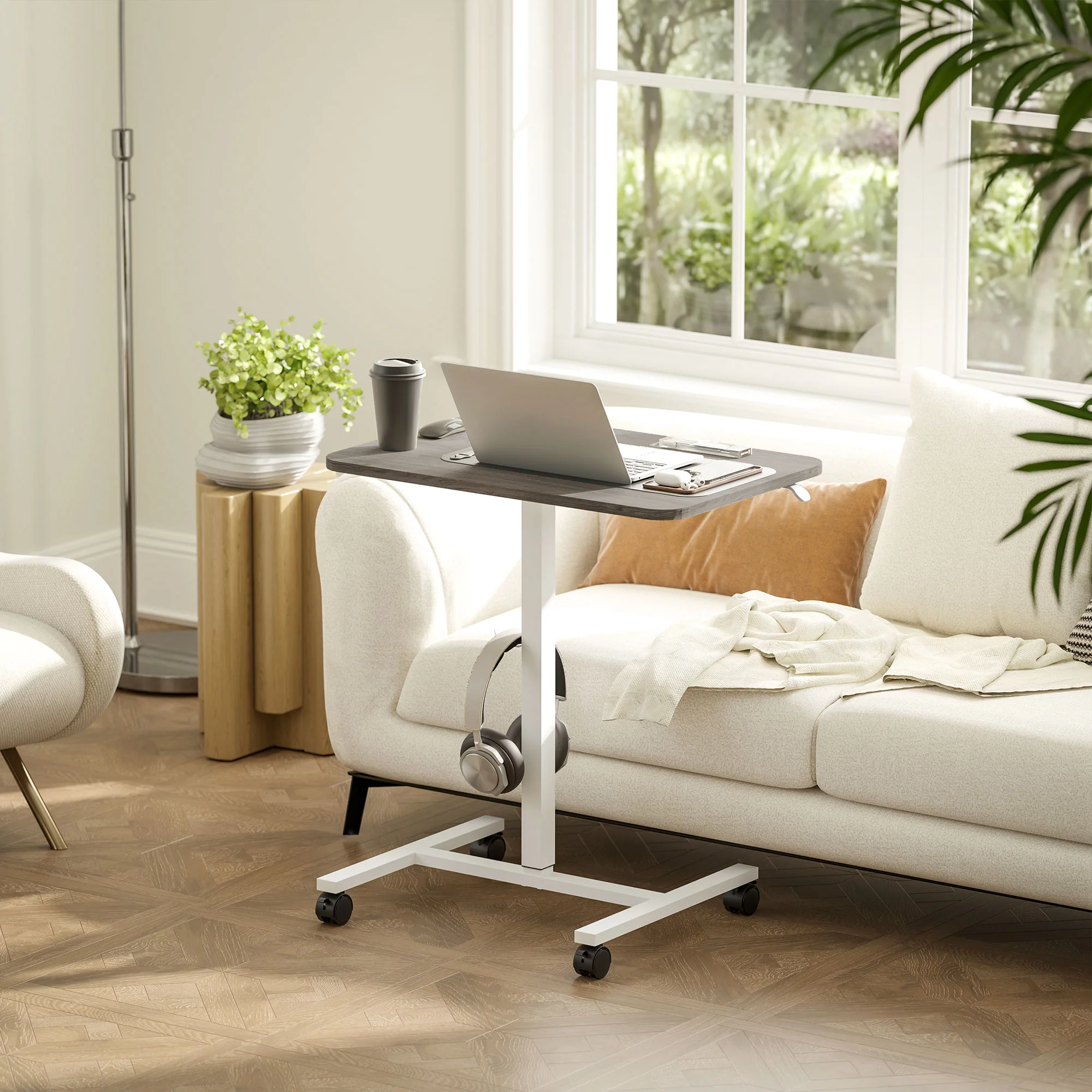 HOMCOM Natural Standing Desk Mobile Overbed Table W/ Wheels For Home Office - Image 11