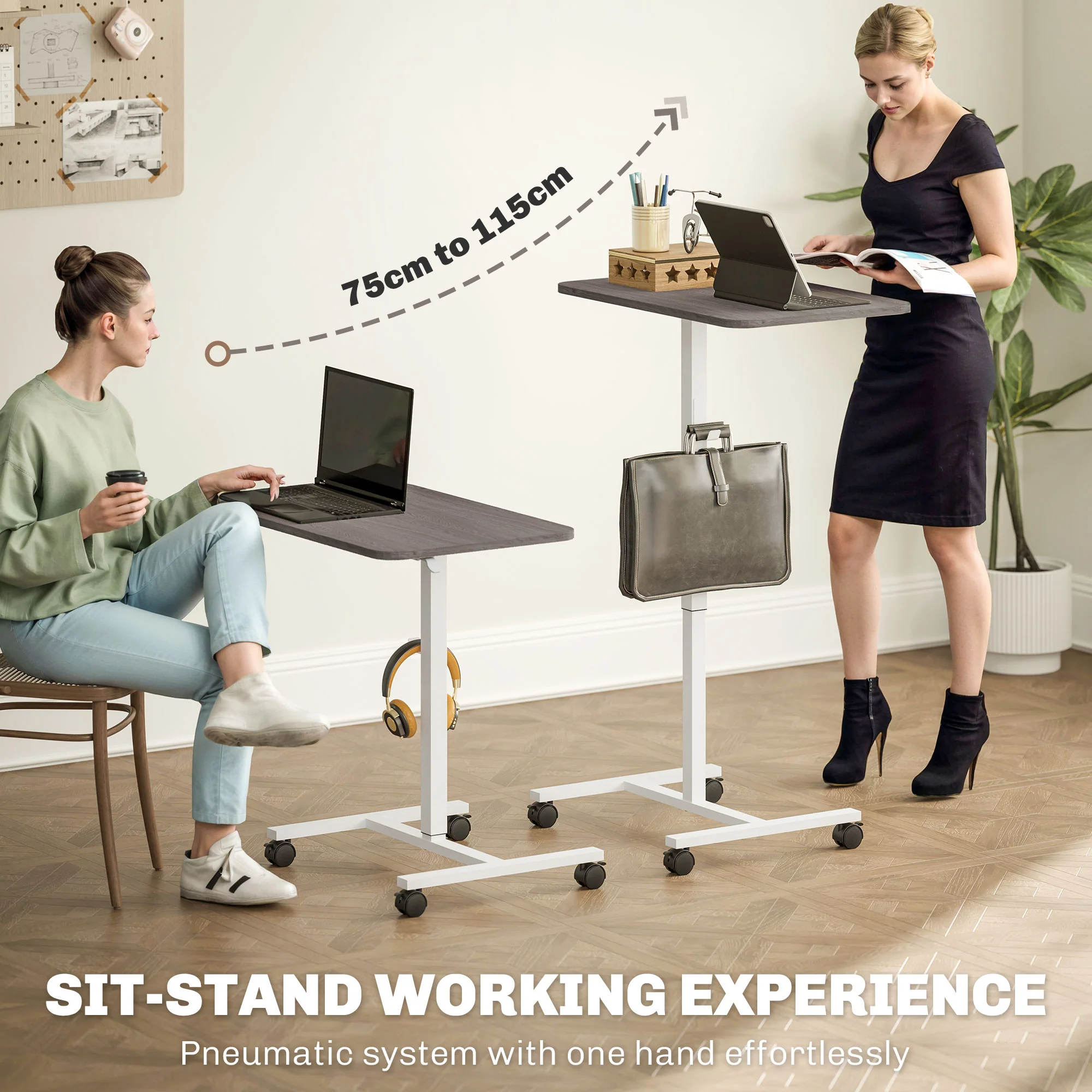 HOMCOM Natural Standing Desk Mobile Overbed Table W/ Wheels For Home Office - Image 12