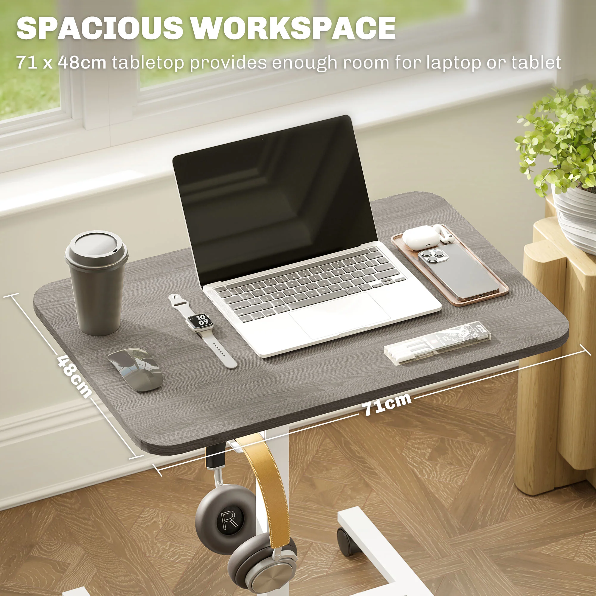HOMCOM Natural Standing Desk Mobile Overbed Table W/ Wheels For Home Office - Image 15