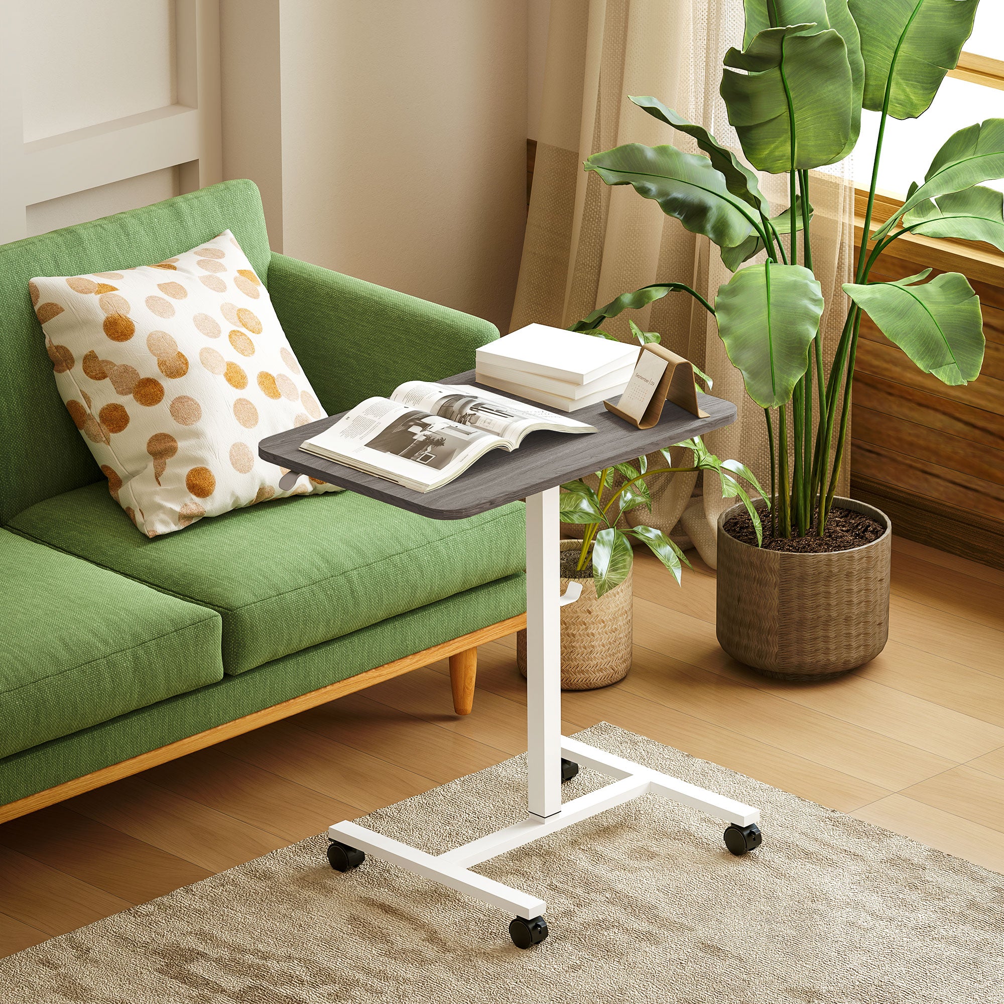 HOMCOM Natural Standing Desk Mobile Overbed Table W/ Wheels For Home Office - Image 17