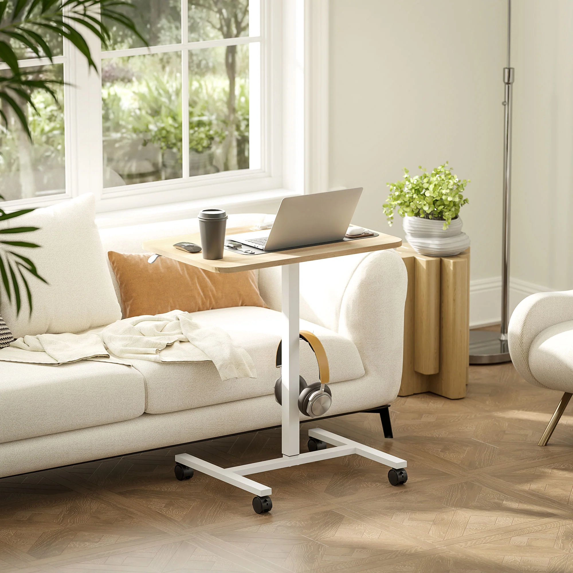 HOMCOM Natural Standing Desk Mobile Overbed Table W/ Wheels For Home Office - Image 2