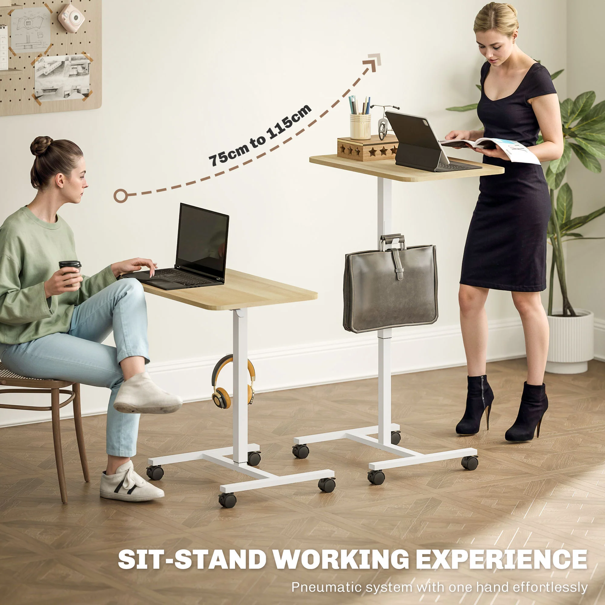 HOMCOM Natural Standing Desk Mobile Overbed Table W/ Wheels For Home Office - Image 3