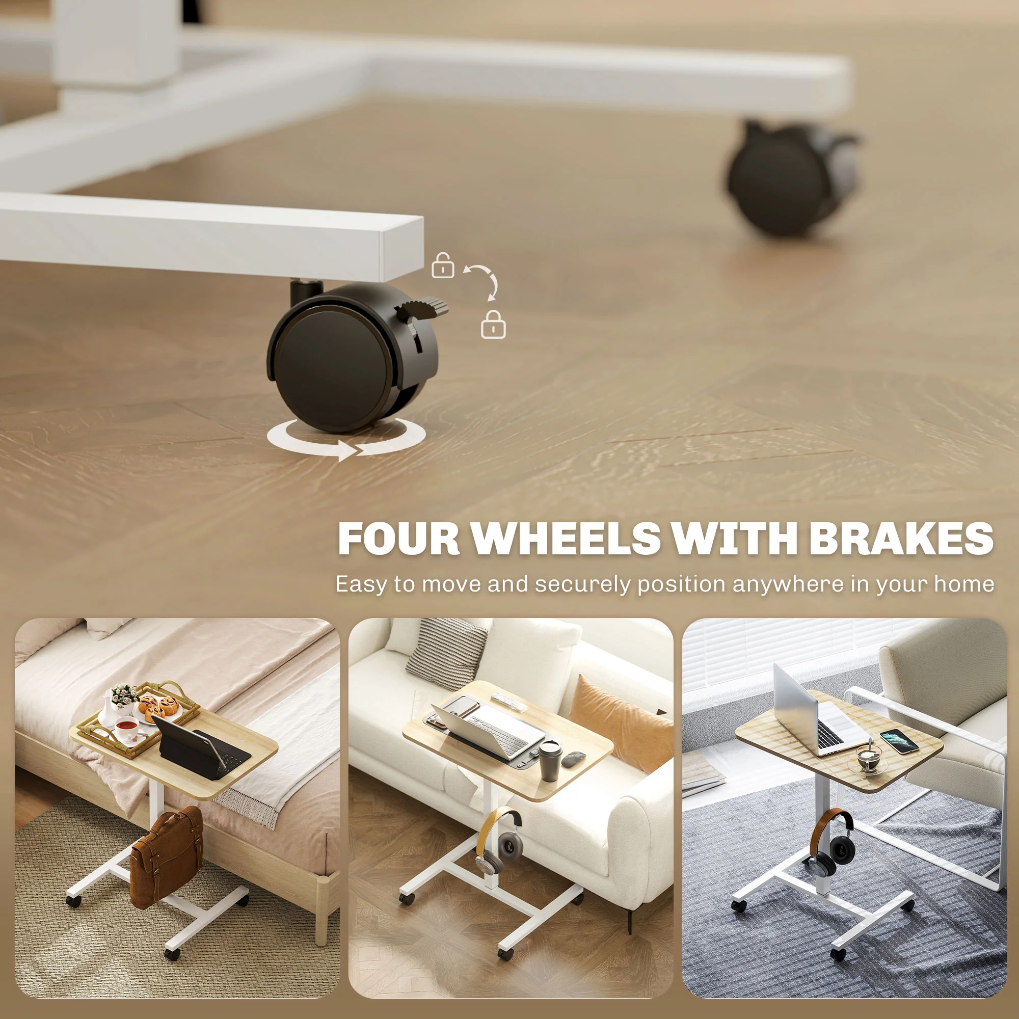 HOMCOM Natural Standing Desk Mobile Overbed Table W/ Wheels For Home Office - Image 4