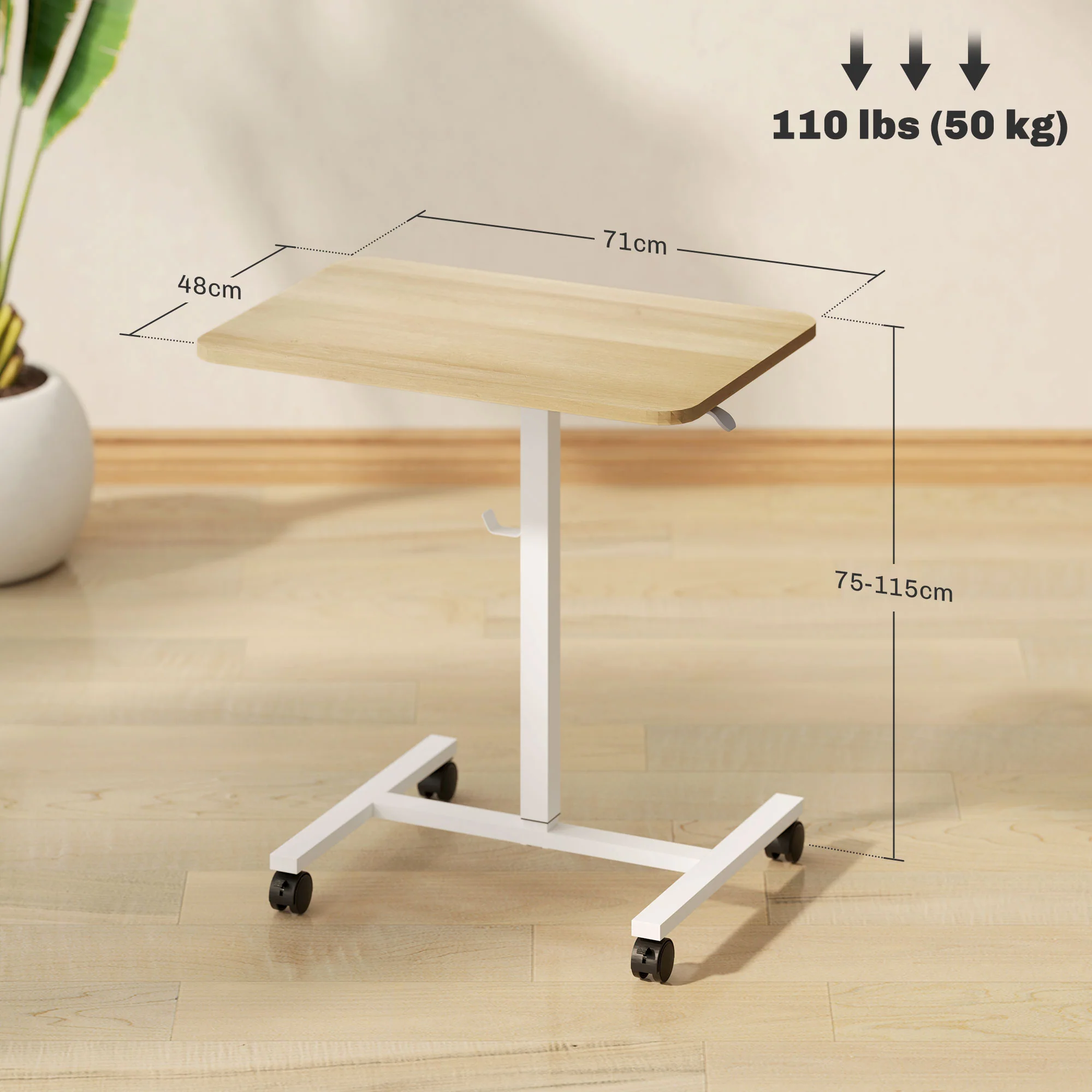 HOMCOM Natural Standing Desk Mobile Overbed Table W/ Wheels For Home Office - Image 5