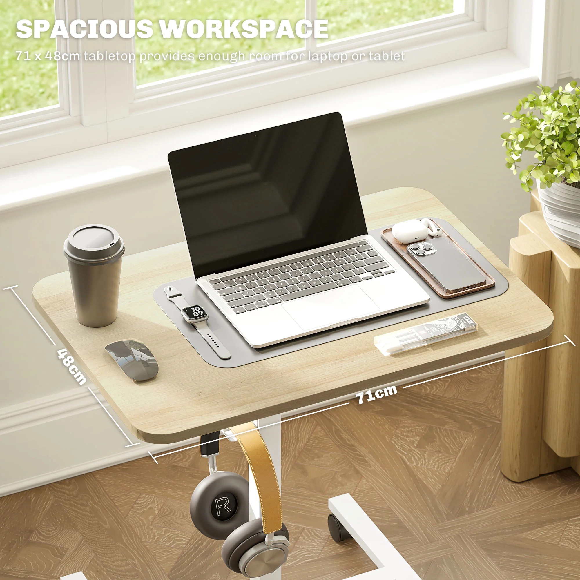 HOMCOM Natural Standing Desk Mobile Overbed Table W/ Wheels For Home Office - Image 6