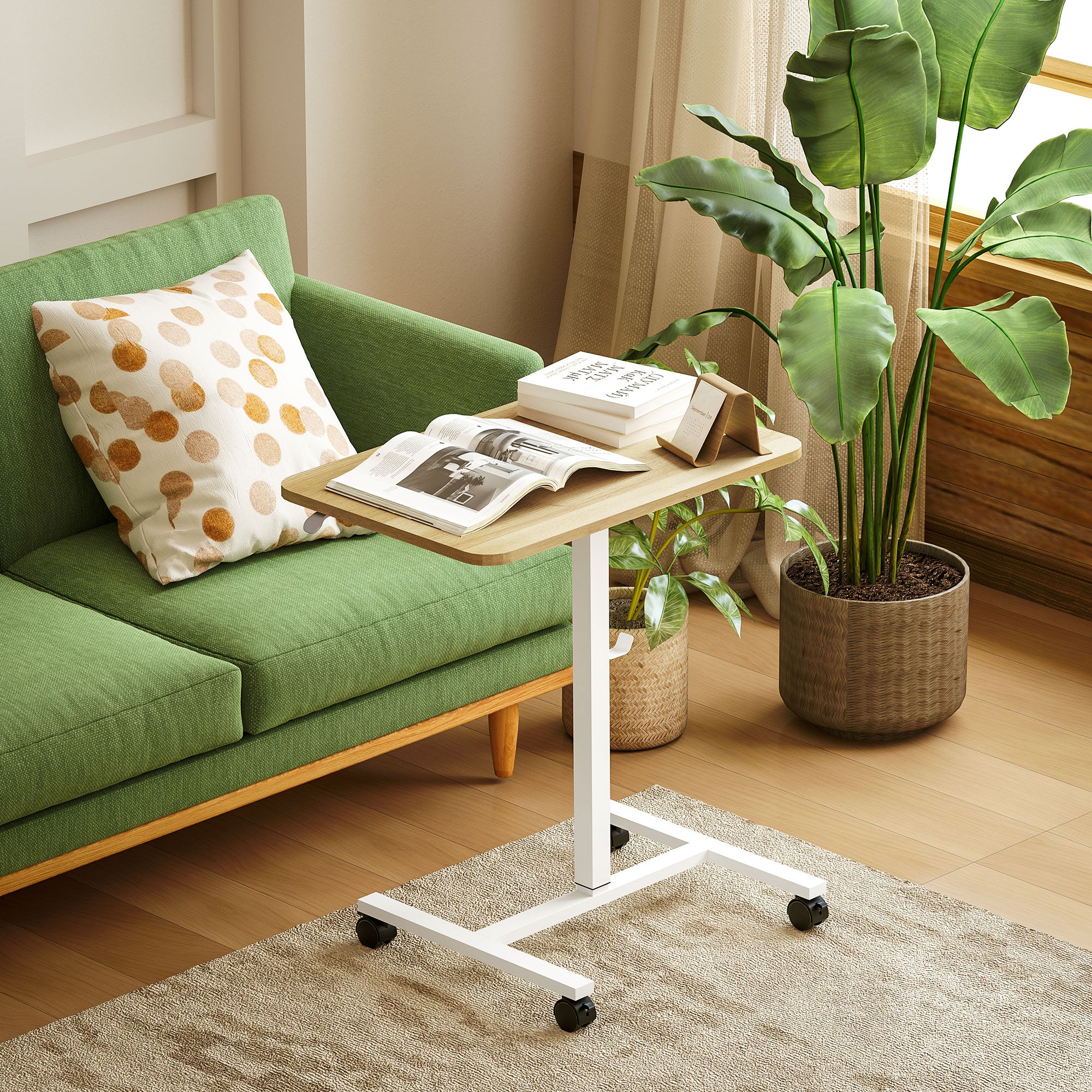 HOMCOM Natural Standing Desk Mobile Overbed Table W/ Wheels For Home Office - Image 8