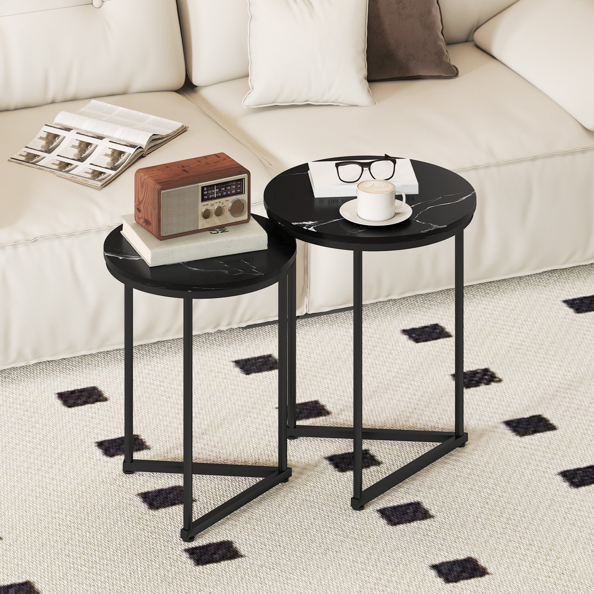 HOMCOM Nesting Coffee Table Set of 2 with Metal Frame, Black Marble Effect - Image 2