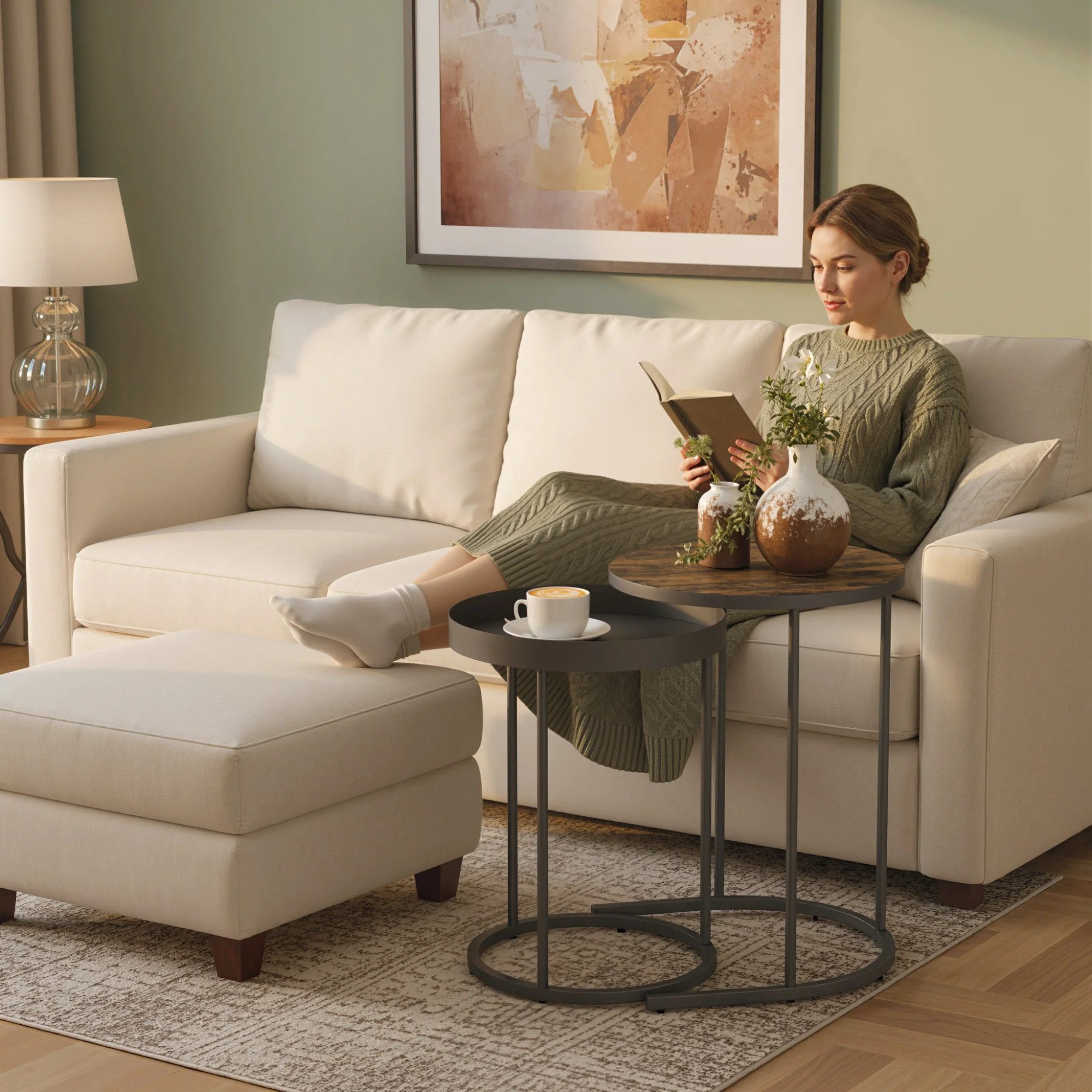 HOMCOM Nesting Side Table Set Of 2, Industrial Round Nest Of Tables, Brown - Image 9