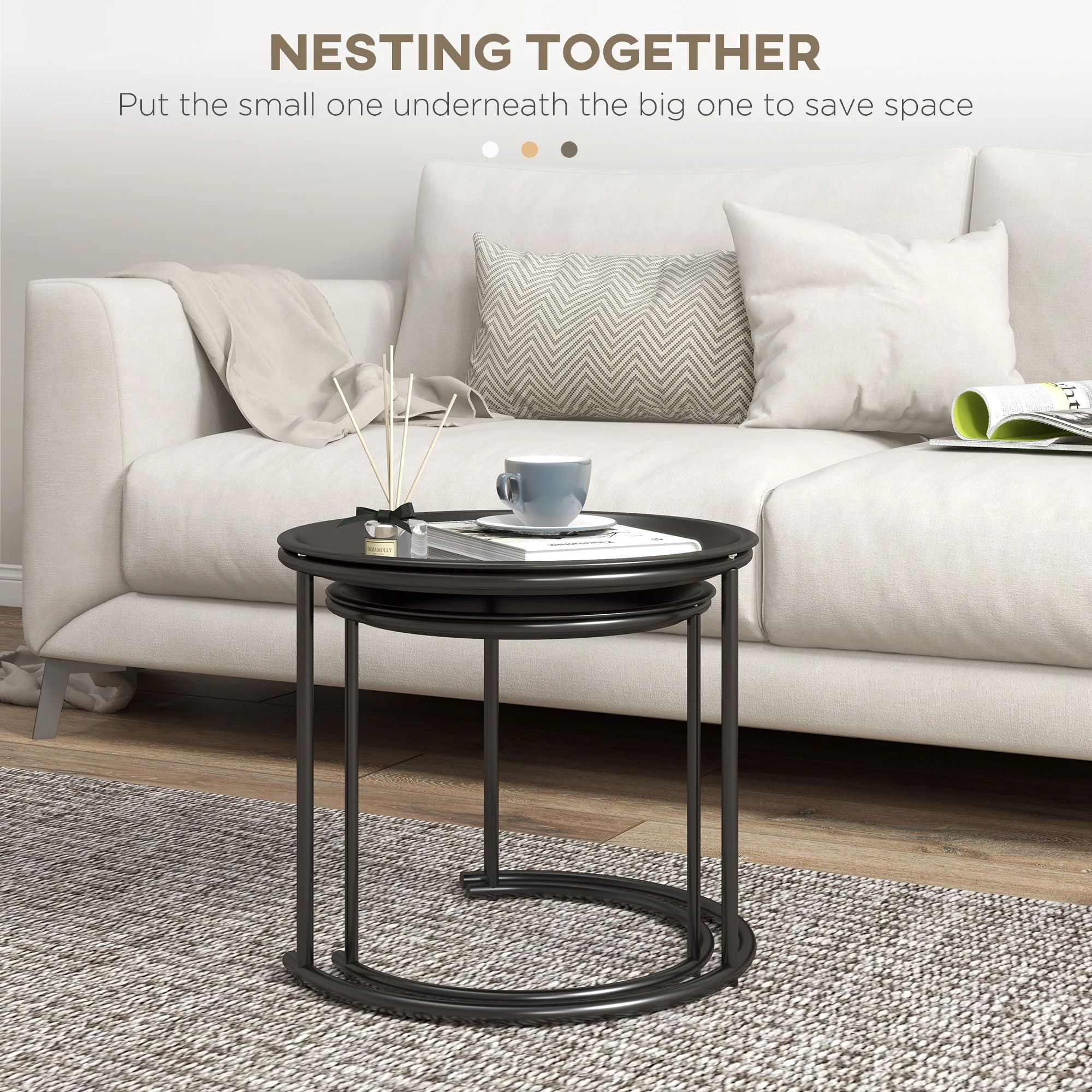 HOMCOM Nesting Tables Set Of 2, End Table With Removable Tabletop Tray Black - Image 3