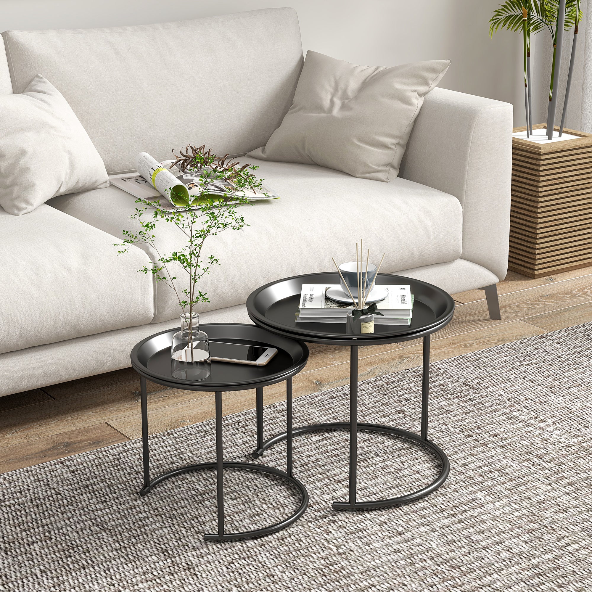 HOMCOM Nesting Tables Set Of 2, End Table With Removable Tabletop Tray Black - Image 7