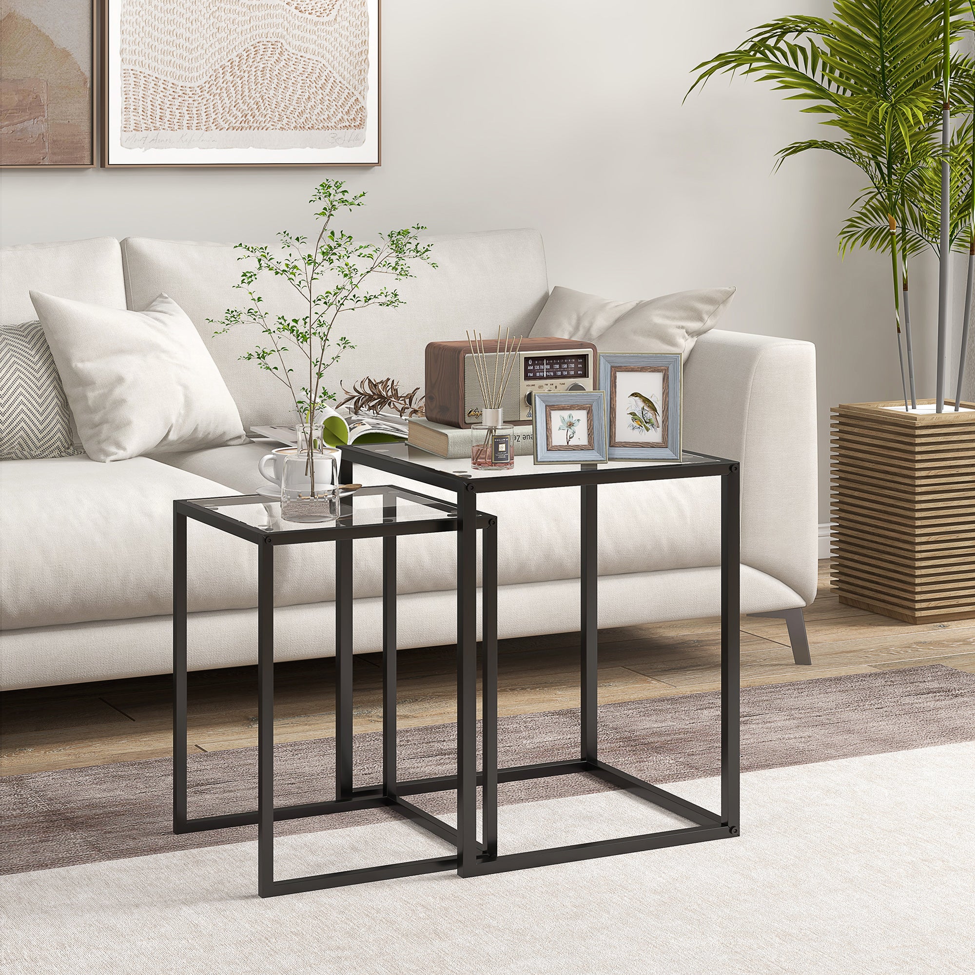 HOMCOM Nesting Tables Set of 2, End Table with Tempered Glass Top, Black - Image 2