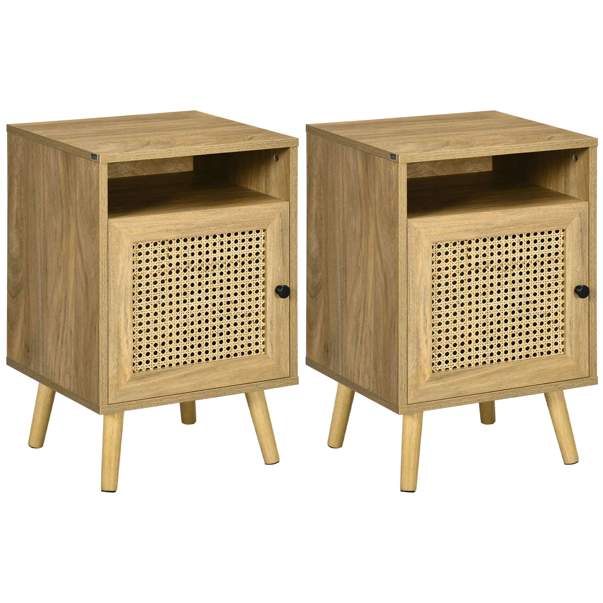 HOMCOM Nightstand, Rattan Bedside Table, Sofa Side Table w/ Cabinet, Shelf