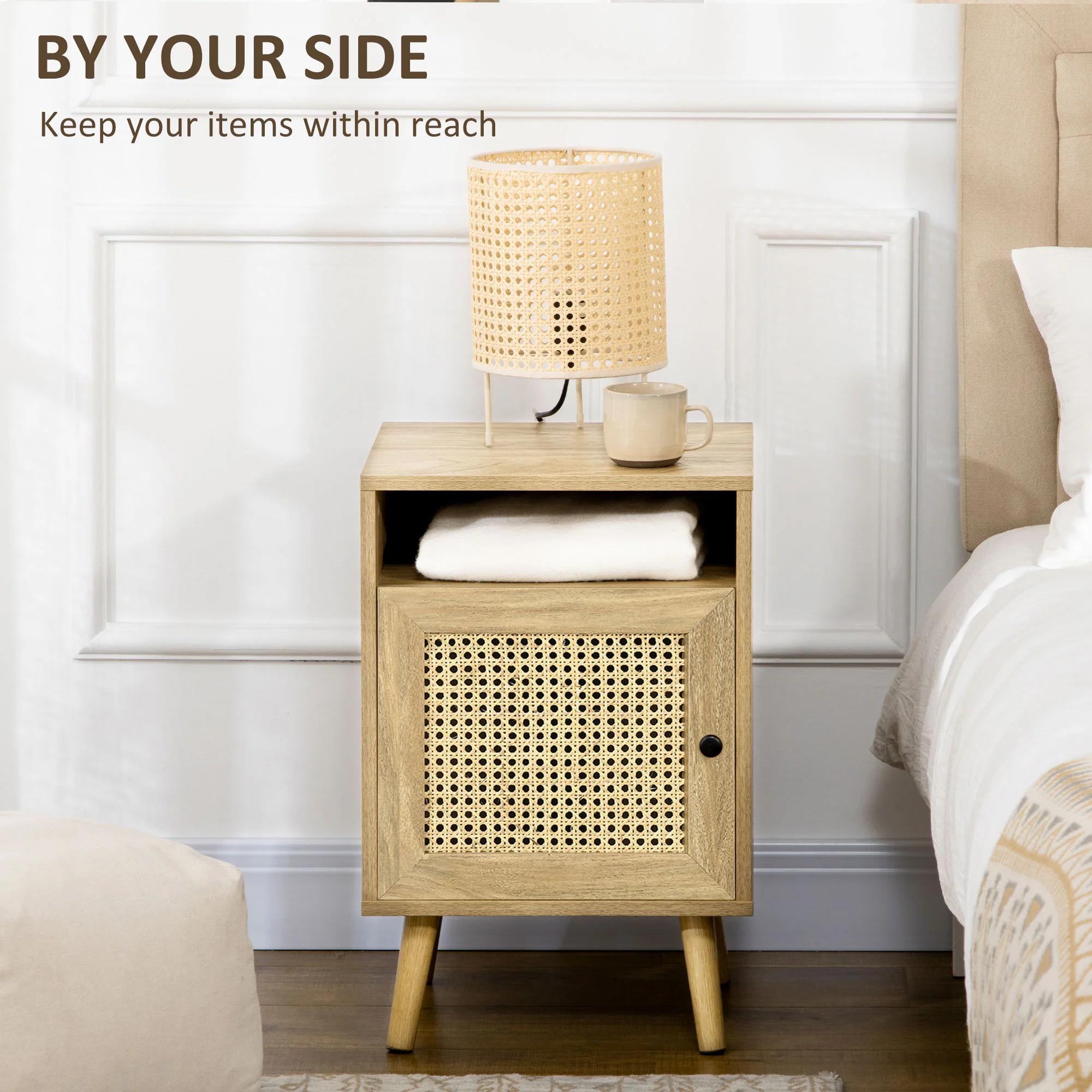 HOMCOM Nightstand, Rattan Bedside Table, Sofa Side Table w/ Cabinet, Shelf - Image 3