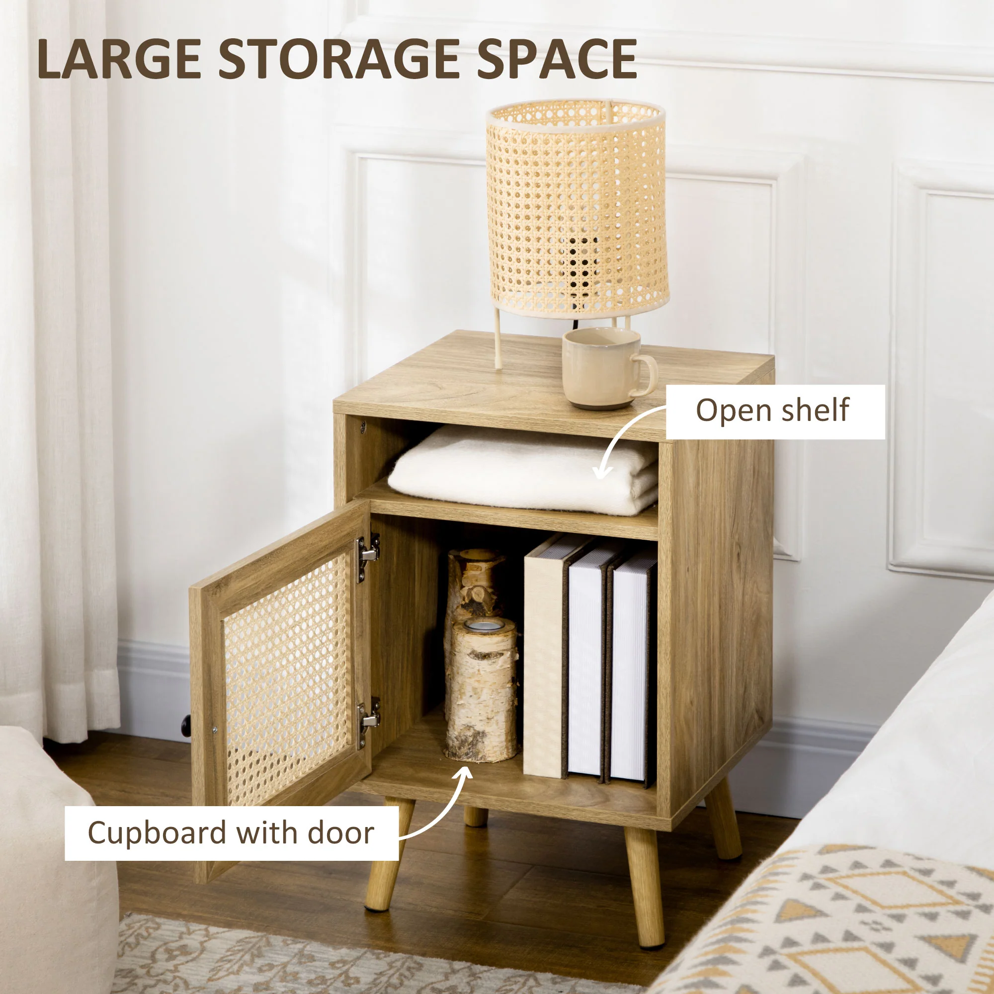 HOMCOM Nightstand, Rattan Bedside Table, Sofa Side Table w/ Cabinet, Shelf - Image 4