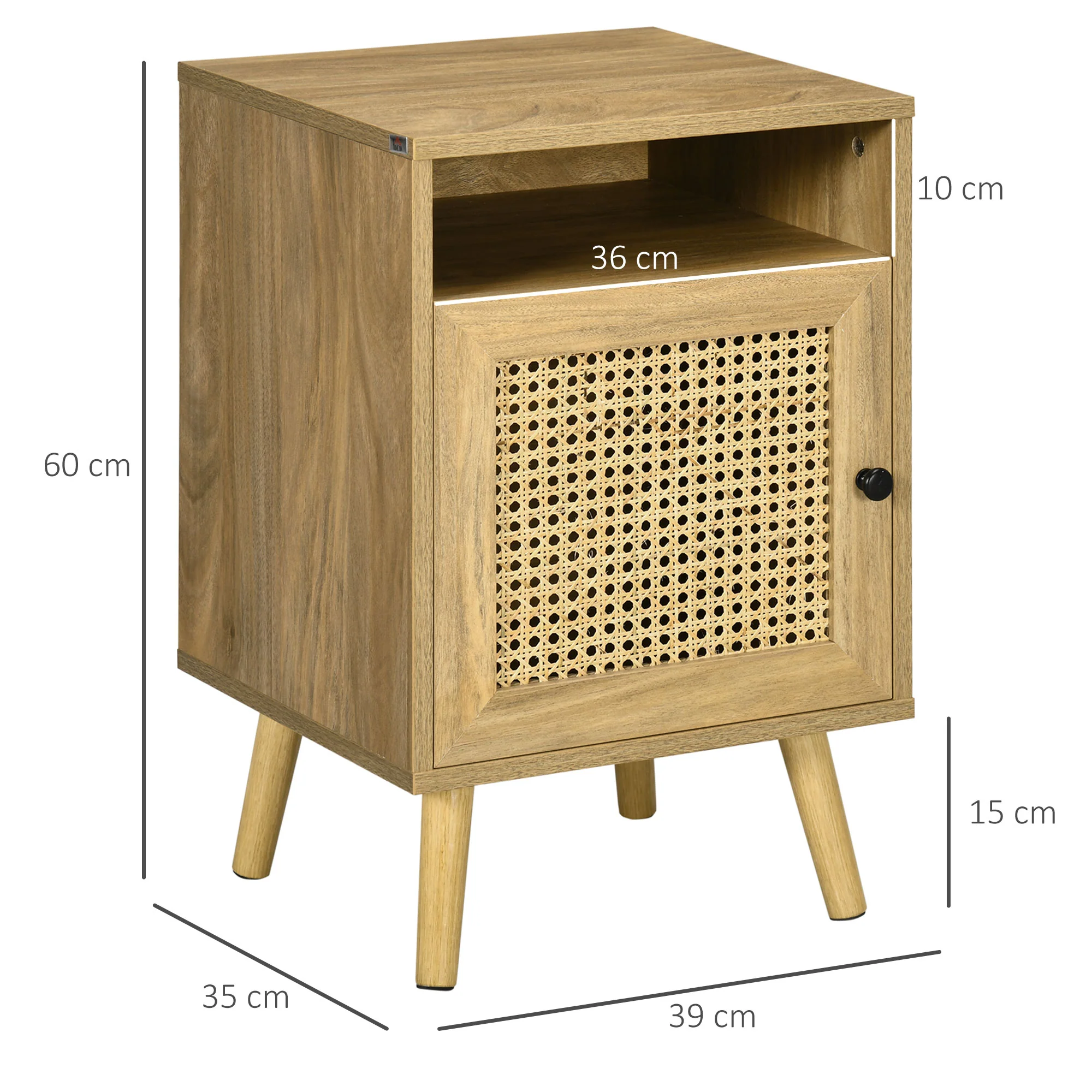 HOMCOM Nightstand, Rattan Bedside Table, Sofa Side Table w/ Cabinet, Shelf - Image 5
