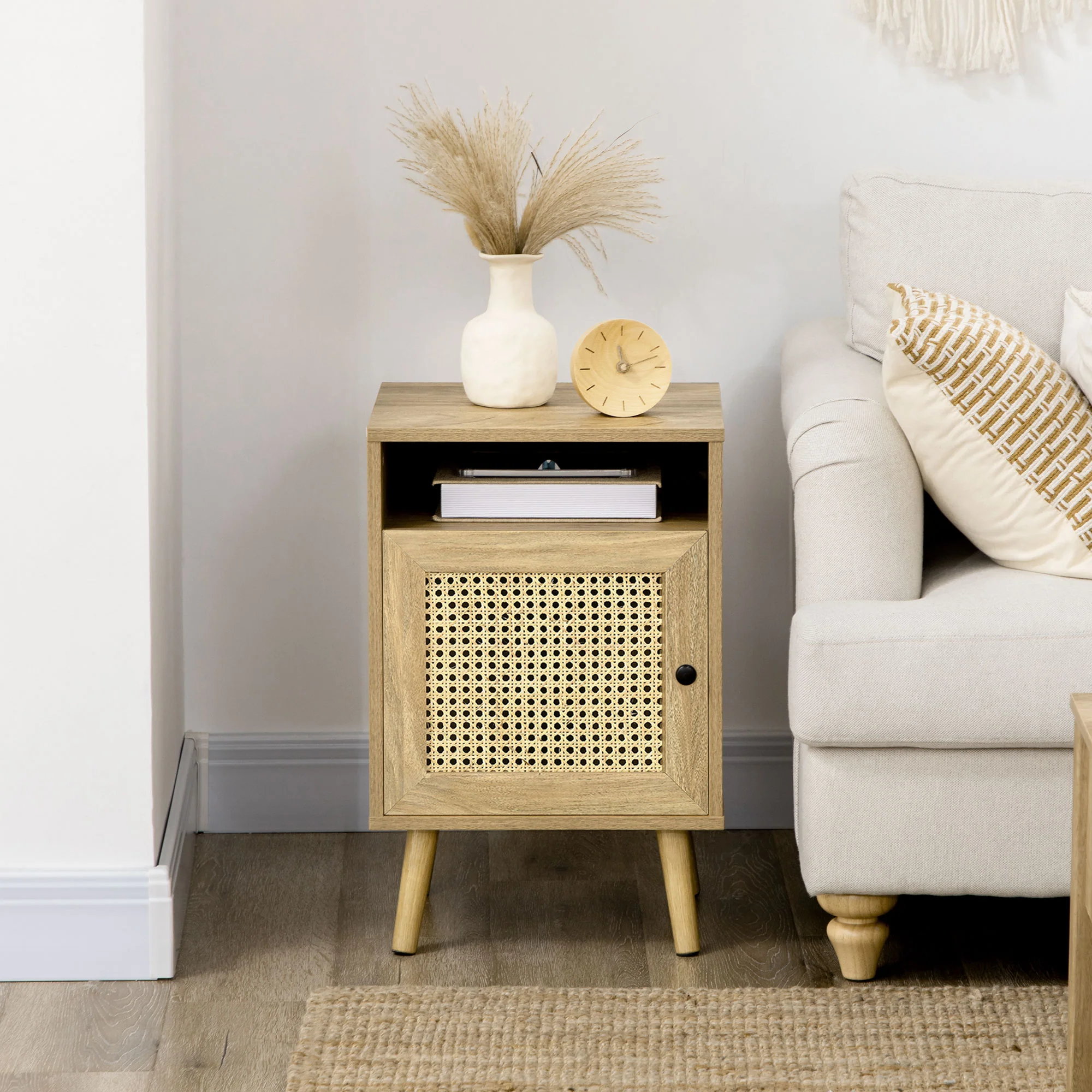 HOMCOM Nightstand, Rattan Bedside Table, Sofa Side Table w/ Cabinet, Shelf - Image 7