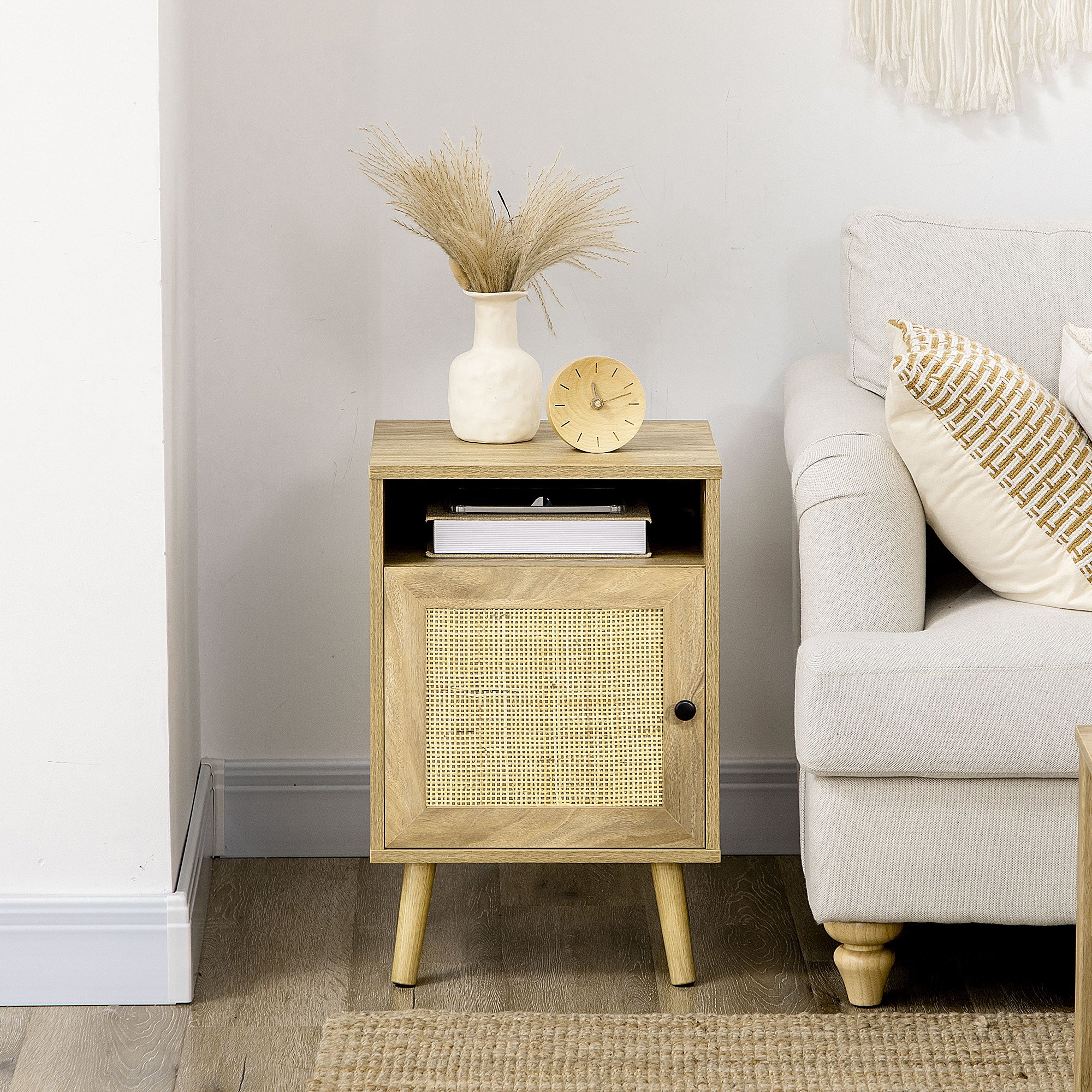 HOMCOM Nightstand, Rattan Bedside Table W/ Cabinet, Shelf, Natural - Image 7