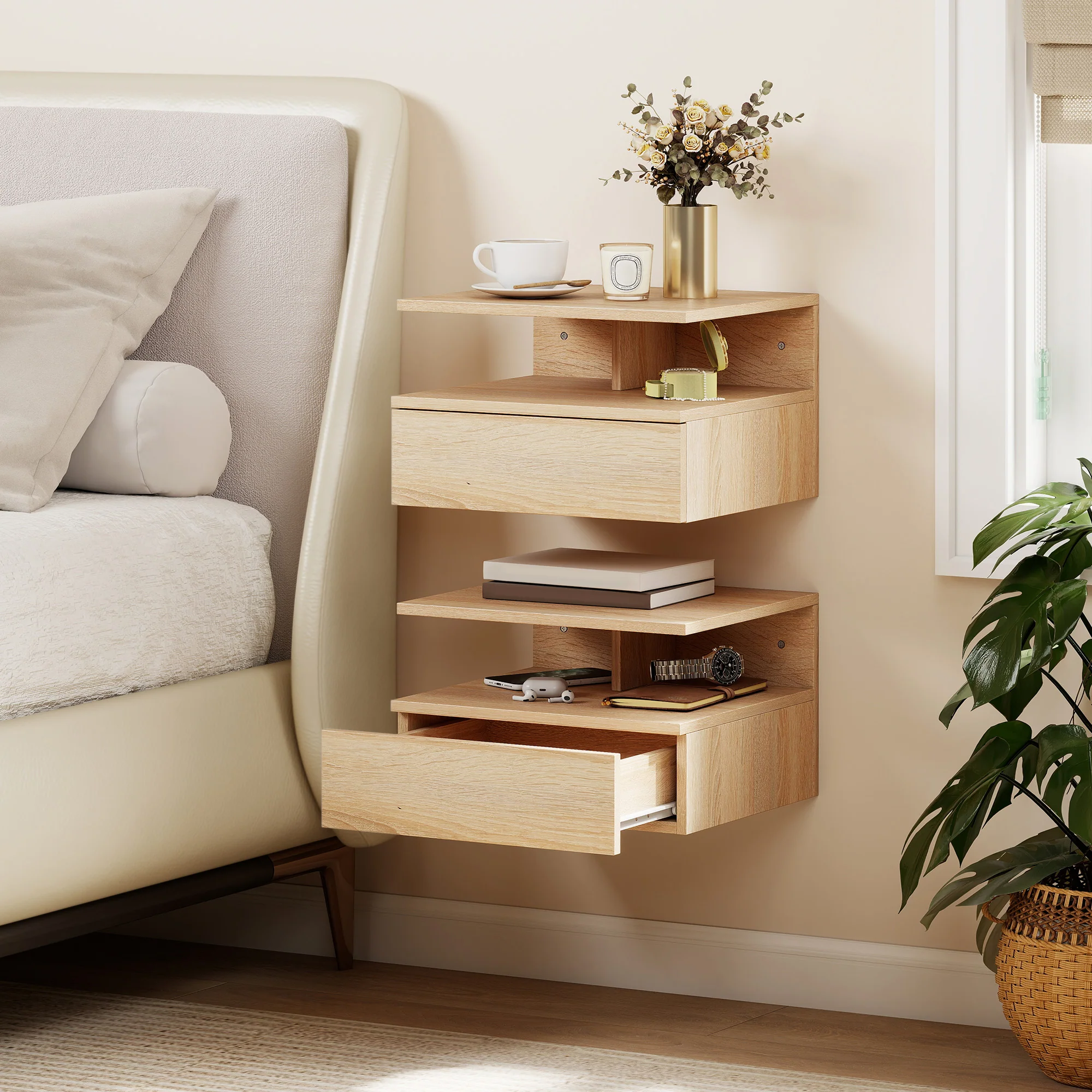 HOMCOM Nightstand Set Of 2, Wall Mounted Bedside Cabinet, Oak Tone - Image 3