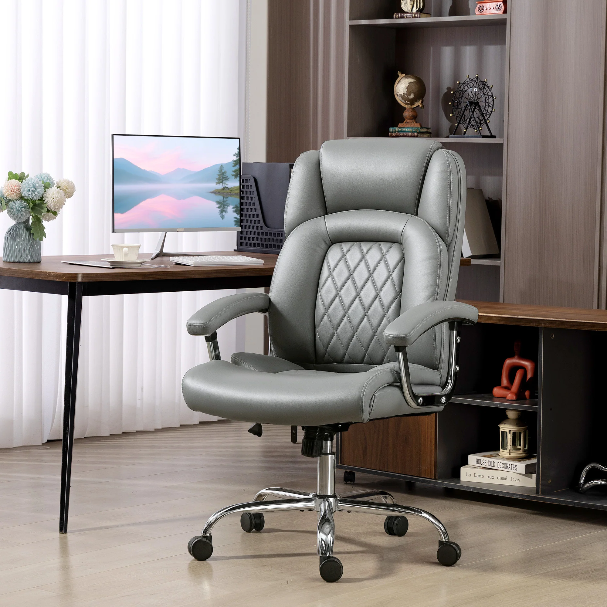 HOMCOM Office Chair 180kg, High Back Desk Chair with Spring Cushion, Grey - Image 2