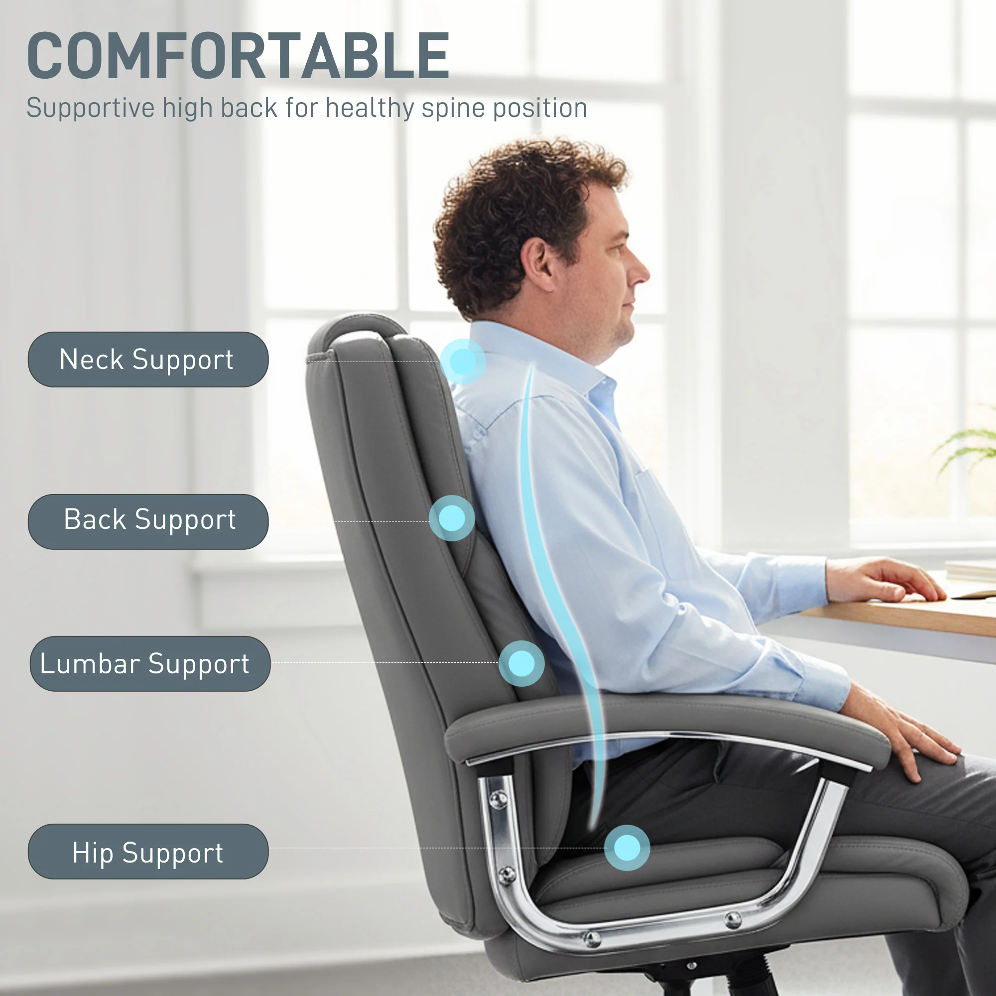 HOMCOM Office Chair 180kg, High Back Desk Chair with Spring Cushion, Grey - Image 4