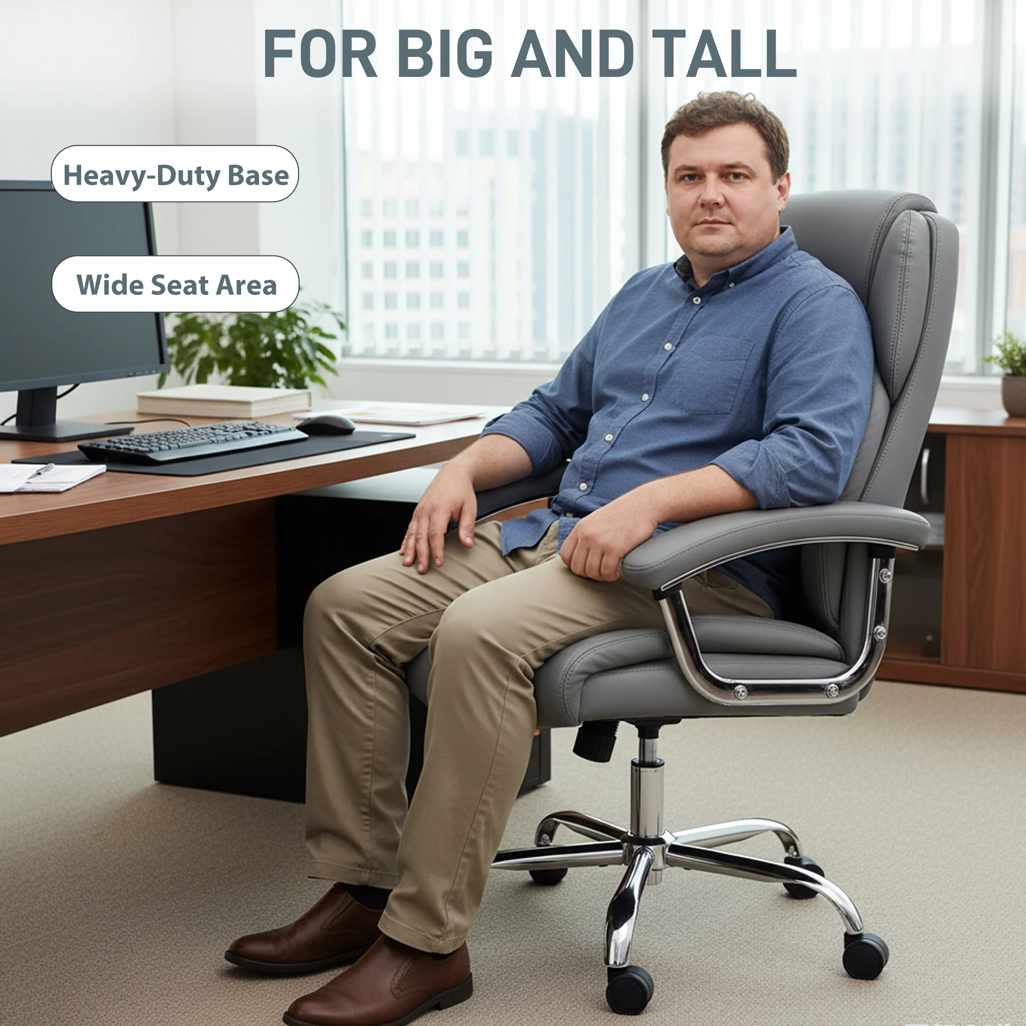 HOMCOM Office Chair 180kg, High Back Desk Chair with Spring Cushion, Grey - Image 6