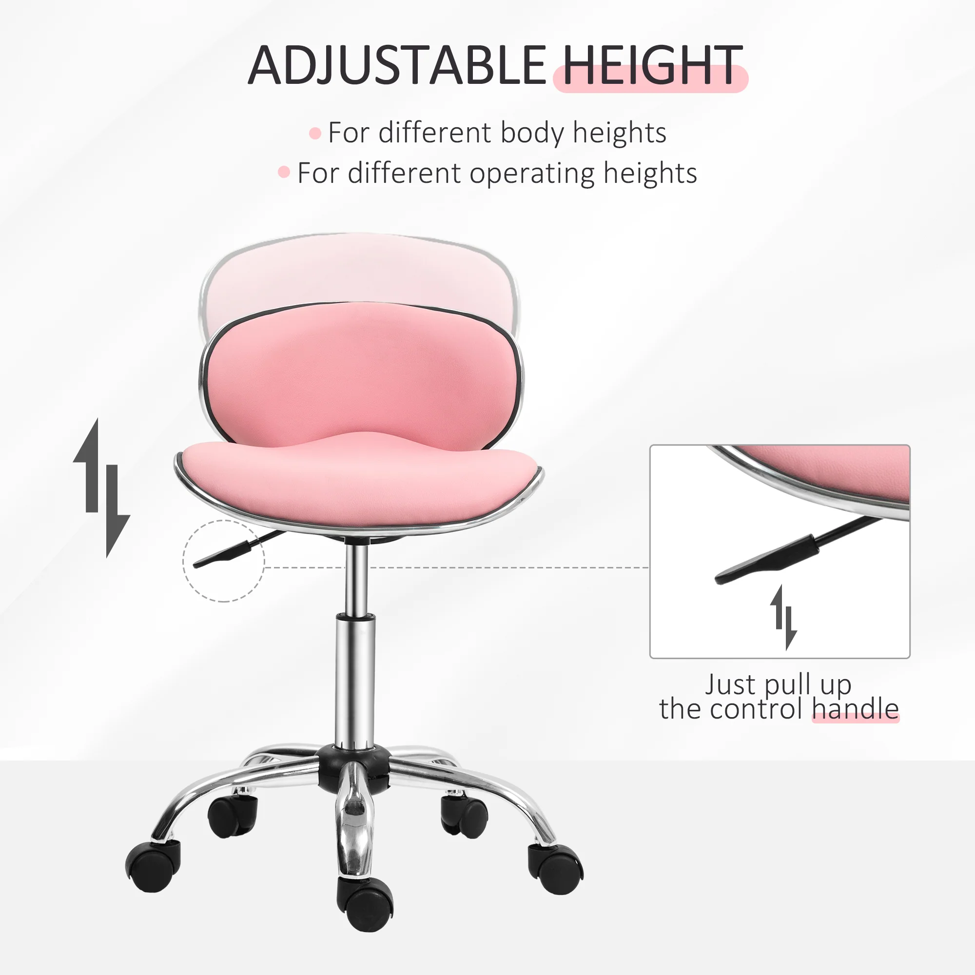HOMCOM Office Chair Beauty Salon Rolling Technician Stool Chair - Black/Grey/Pink - Image 3