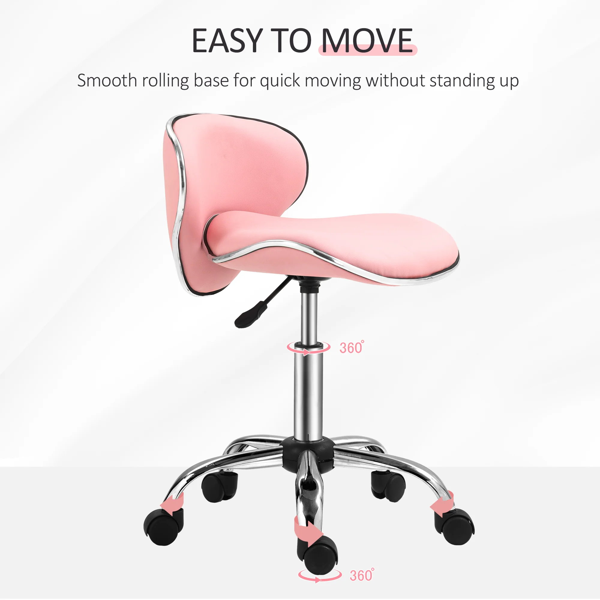 HOMCOM Office Chair Beauty Salon Rolling Technician Stool Chair - Black/Grey/Pink - Image 4