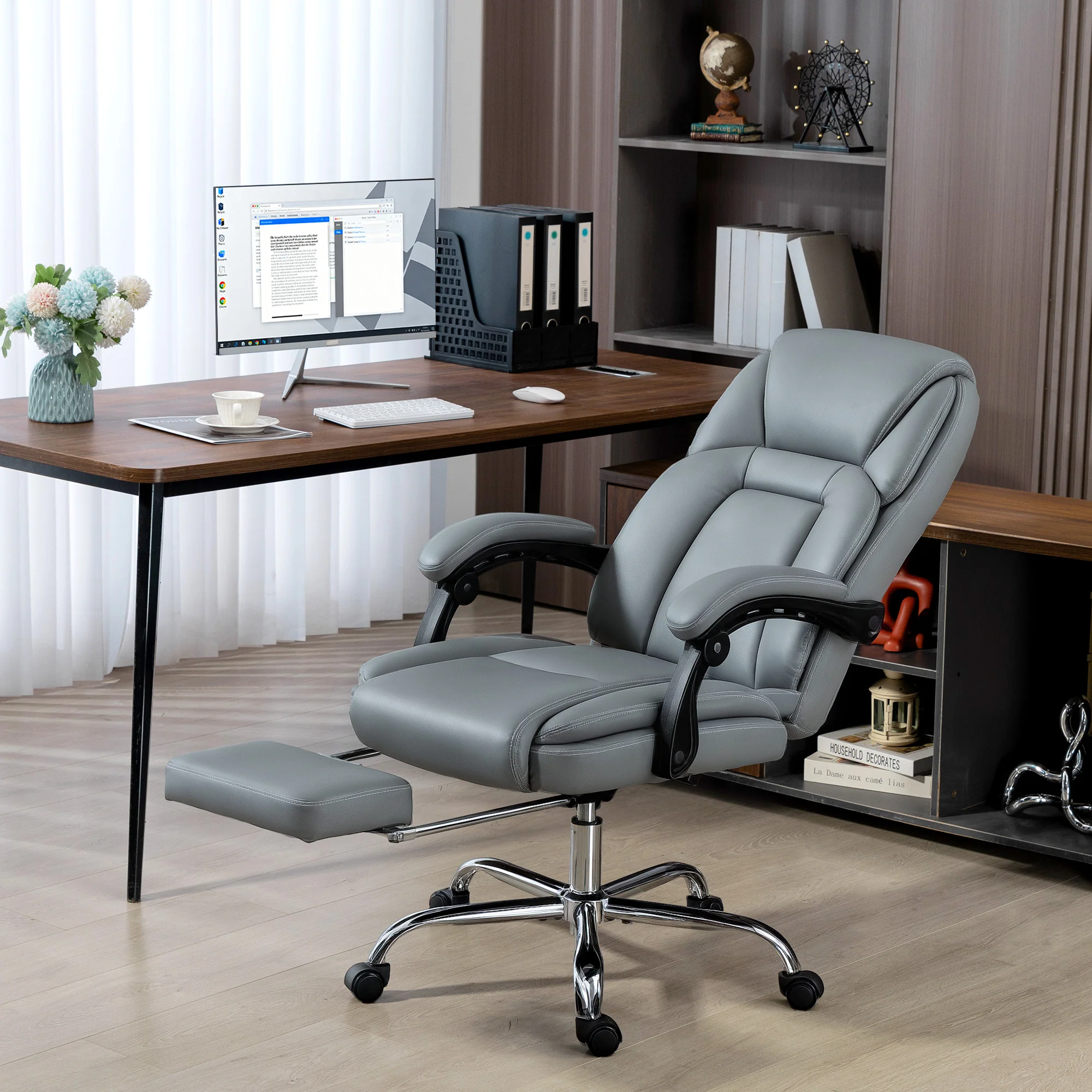 HOMCOM Office Chair, Computer Desk Chair With Spring Cushion, Grey - Image 2