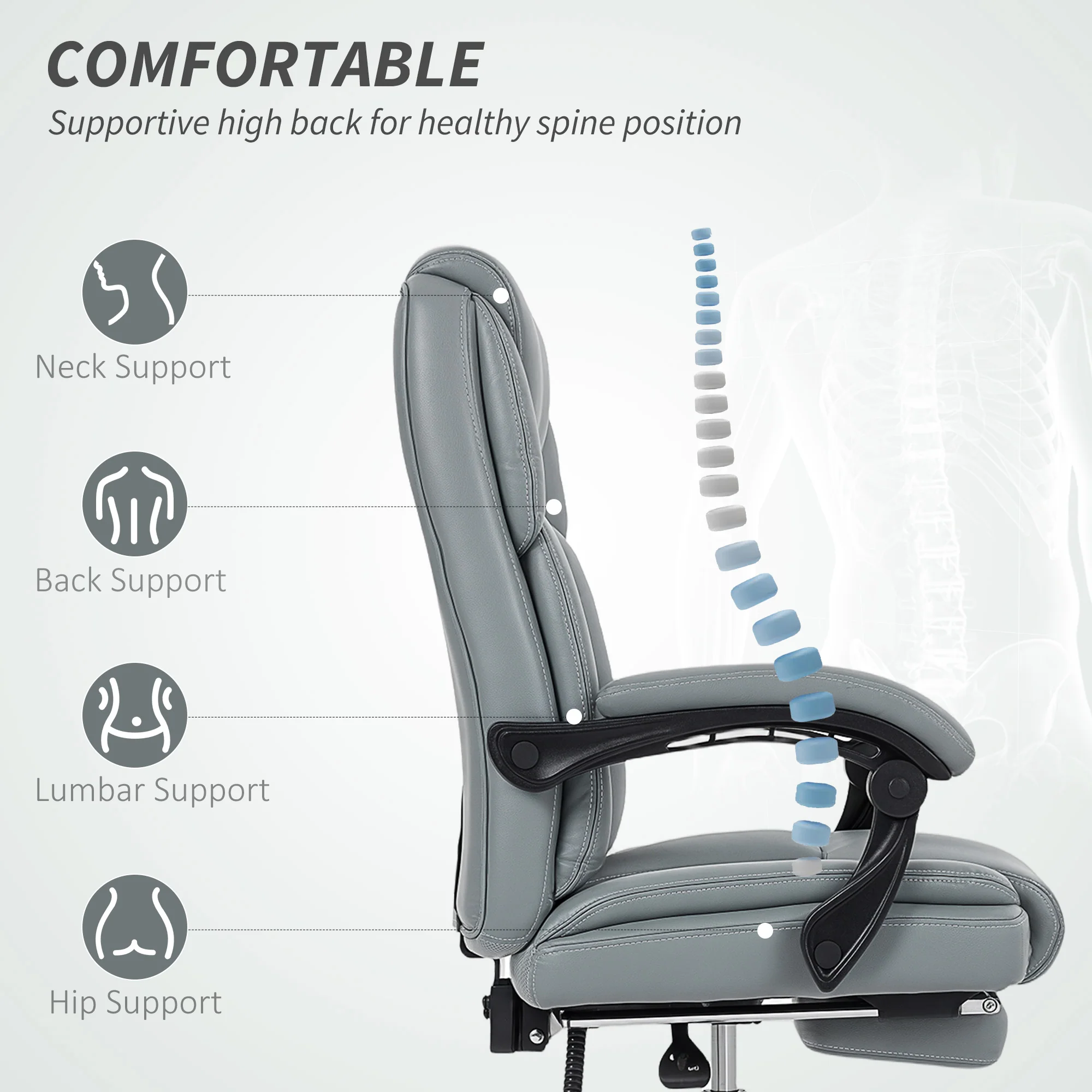 HOMCOM Office Chair, Computer Desk Chair With Spring Cushion, Grey - Image 4