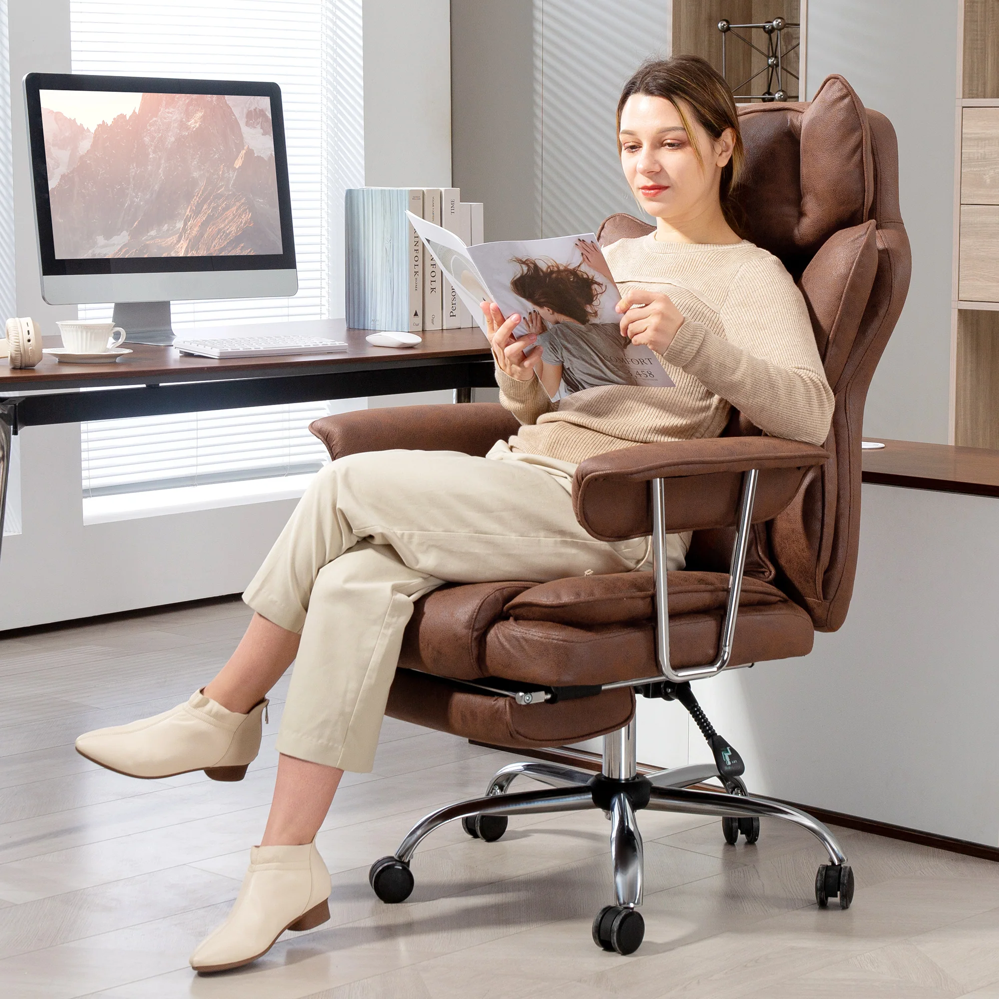 HOMCOM Office Chair, High Back Leathaire Desk Chair For Home - Black/Brown/Grey - Image 11