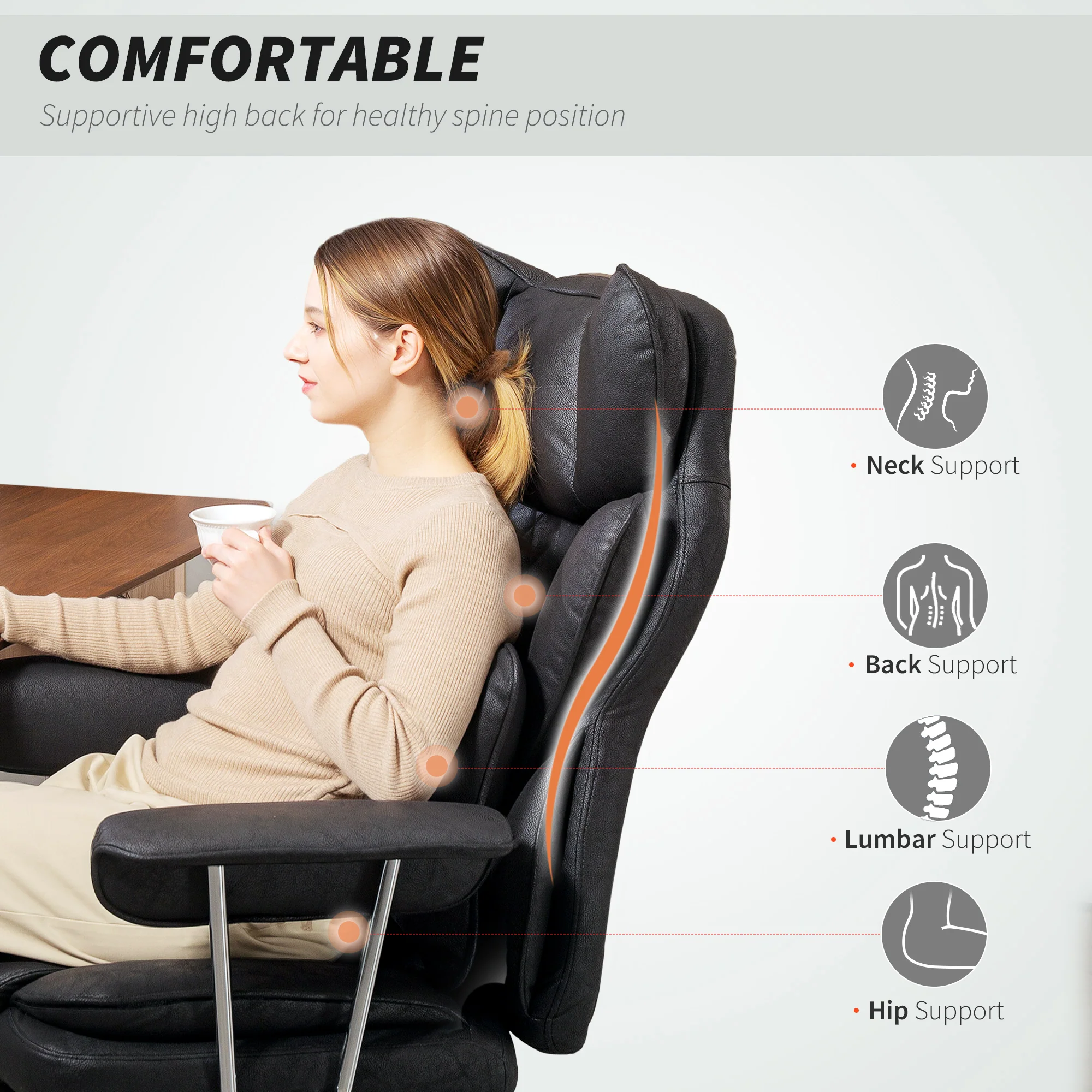 HOMCOM Office Chair, High Back Leathaire Desk Chair For Home - Black/Brown/Grey - Image 3