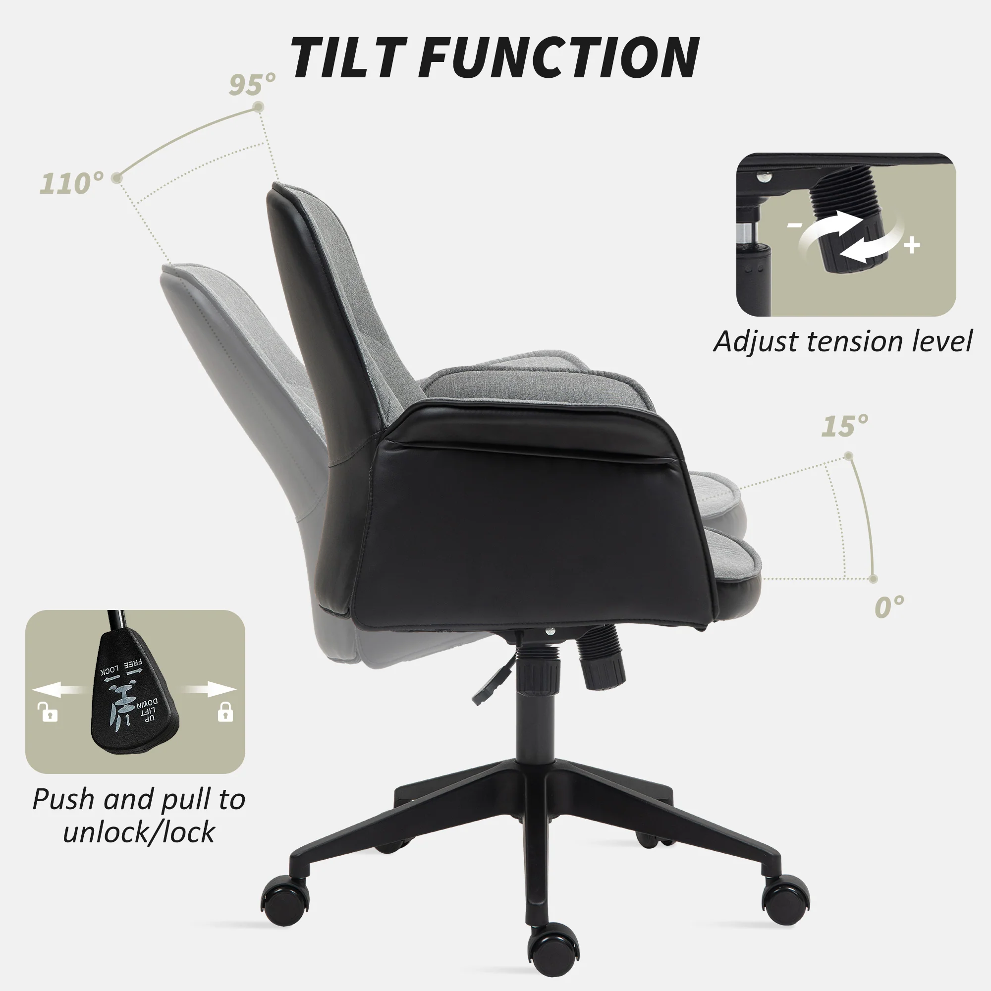 HOMCOM Office Chair, Linen Desk Chair with Adjustable Height Grey - Image 4