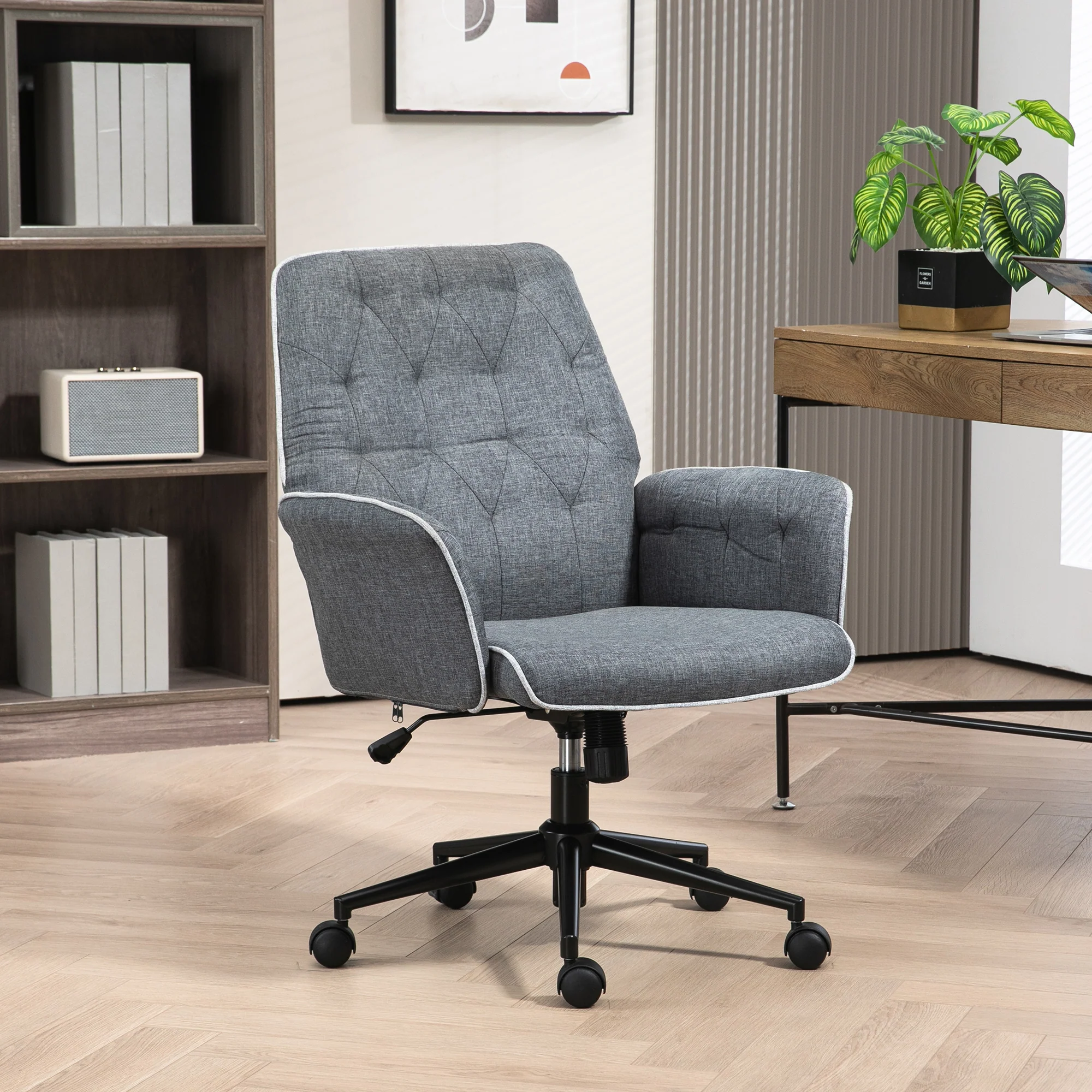 HOMCOM Office Chair Task Adjustable Height Mid Back Armrest Tilt Linen Grey - Image 2
