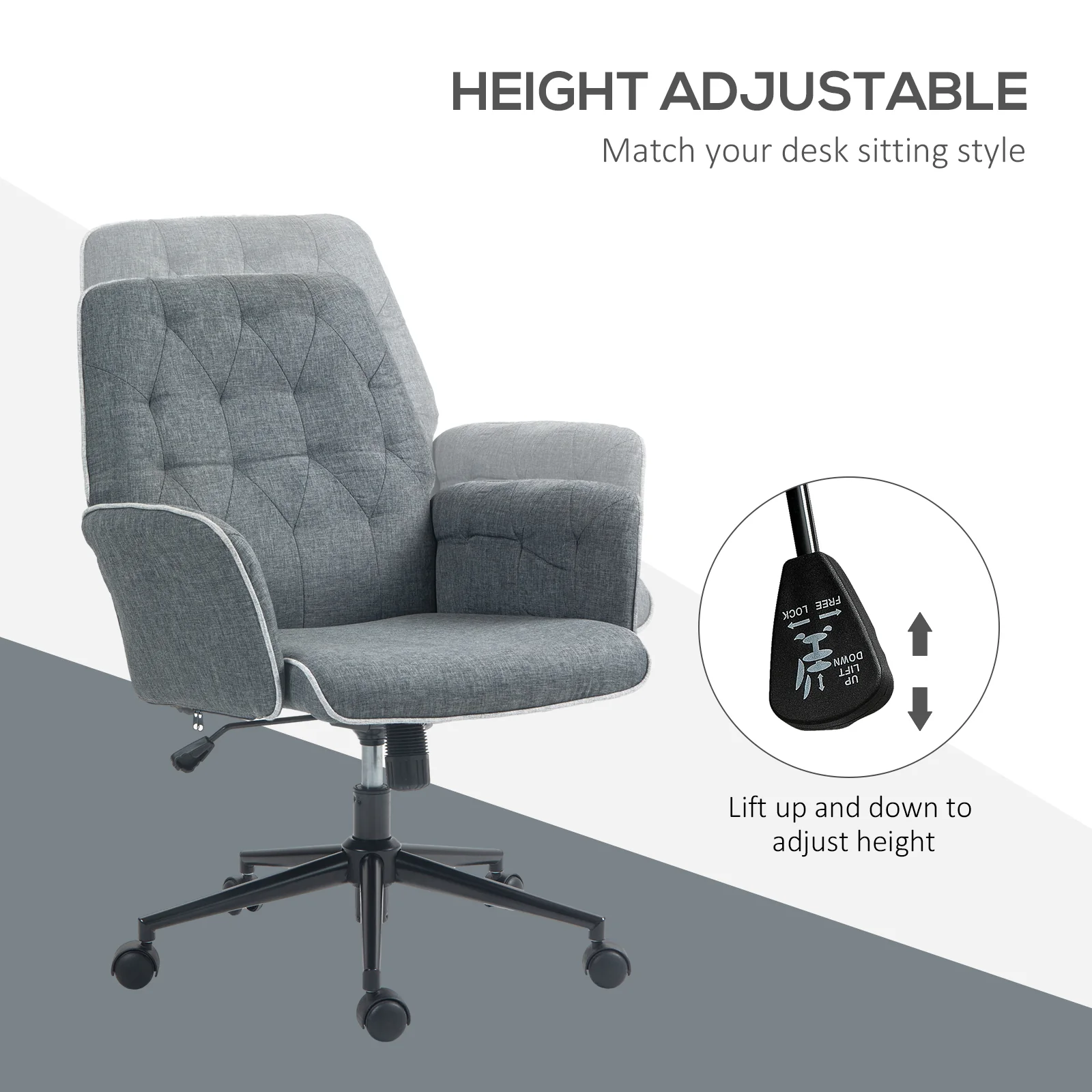 HOMCOM Office Chair Task Adjustable Height Mid Back Armrest Tilt Linen Grey - Image 3