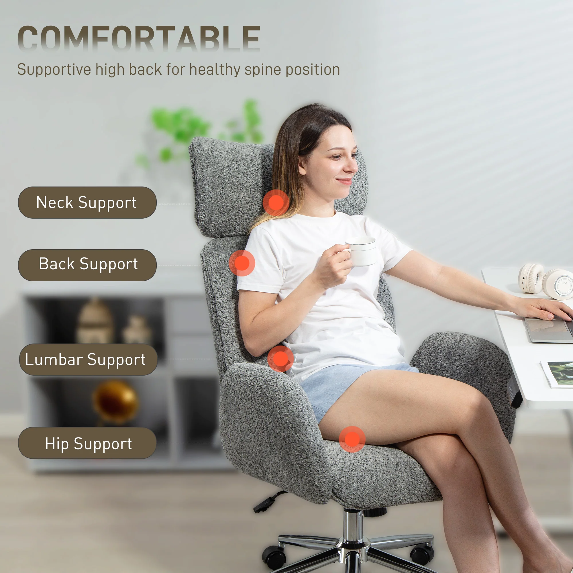 HOMCOM Office Chair With Adjustable Headrest, Comfy Desk Chair, Dark Grey - Image 3