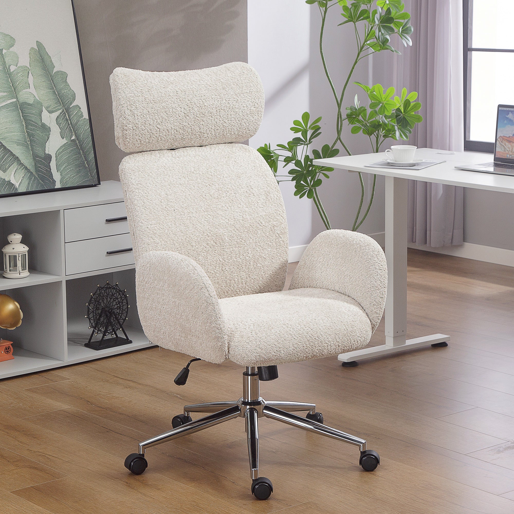 HOMCOM Office Chair With Adjustable Headrest, Comfy Desk Chair, Pale Grey - Image 2
