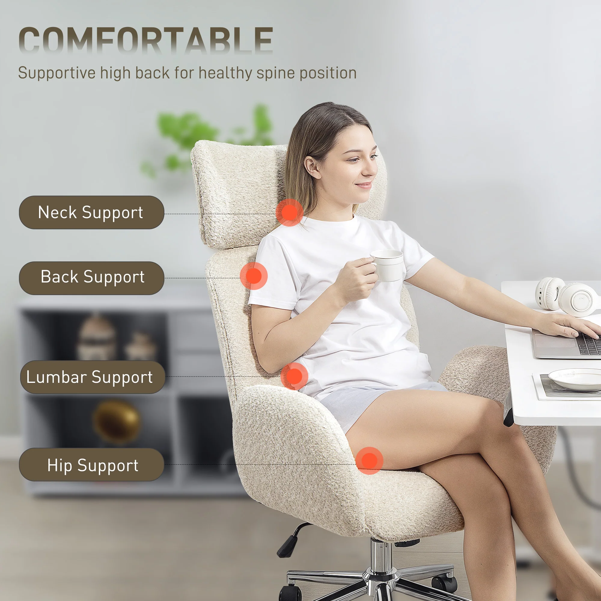 HOMCOM Office Chair With Adjustable Headrest, Comfy Desk Chair, Pale Grey - Image 3