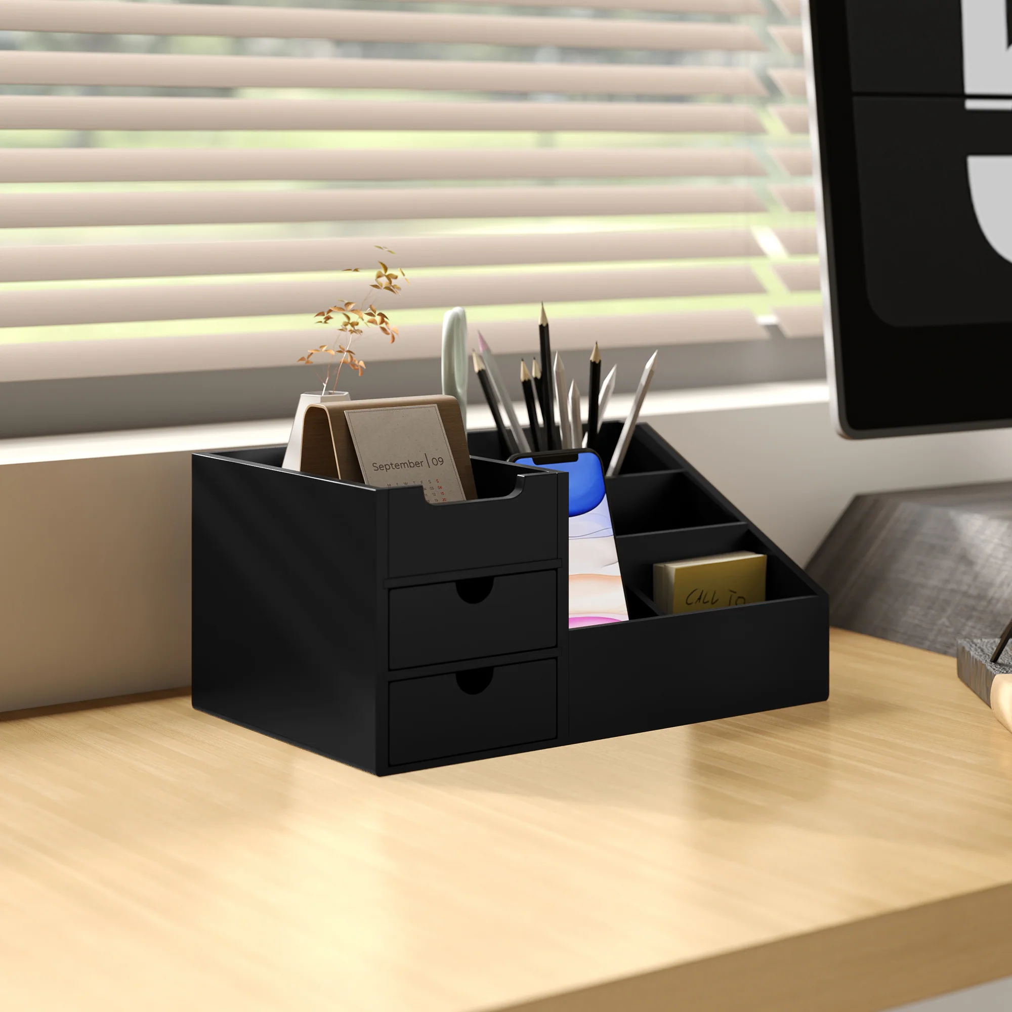 HOMCOM Organiser Holder Multi-Function Storage Caddy Drawers Black - Image 2