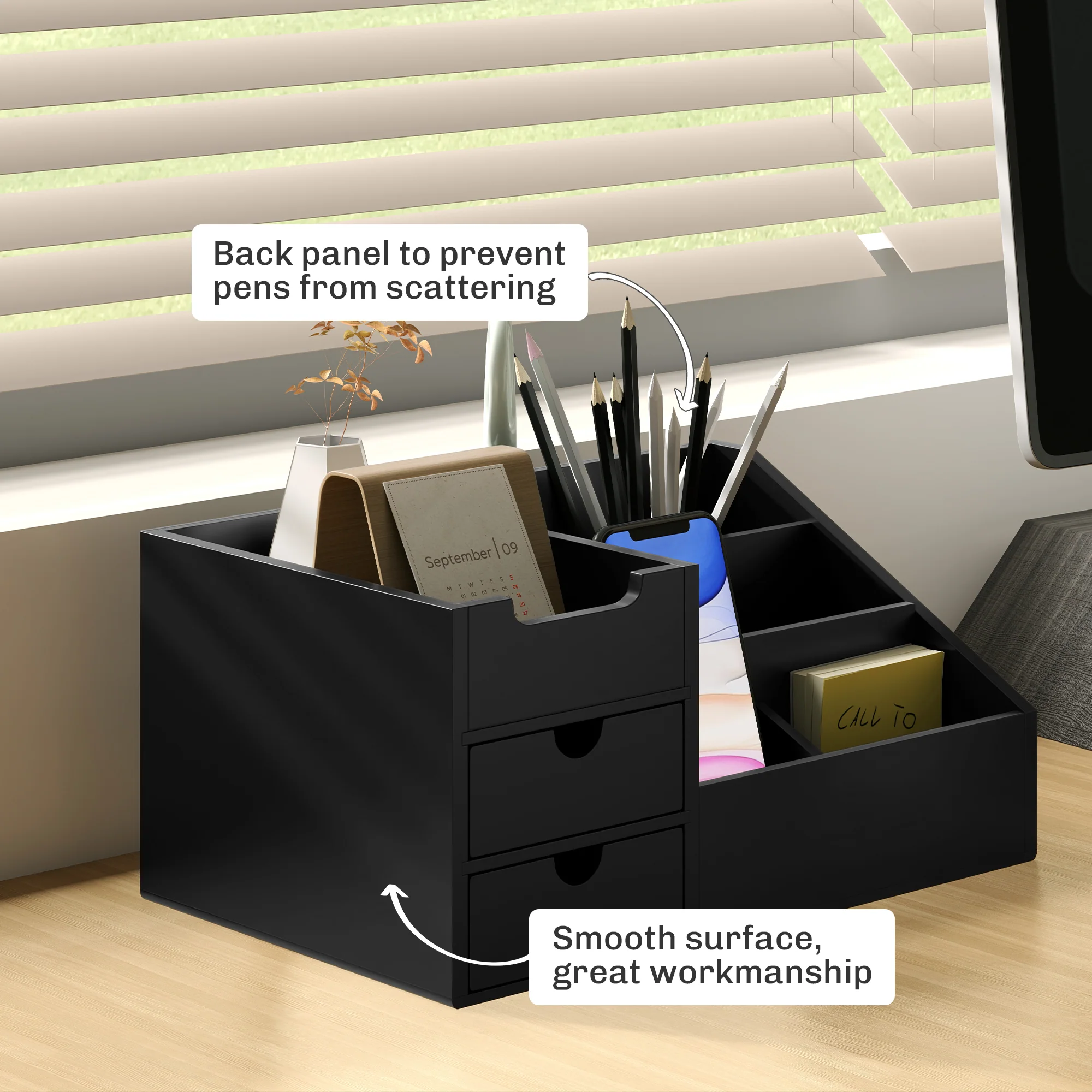 HOMCOM Organiser Holder Multi-Function Storage Caddy Drawers Black - Image 6
